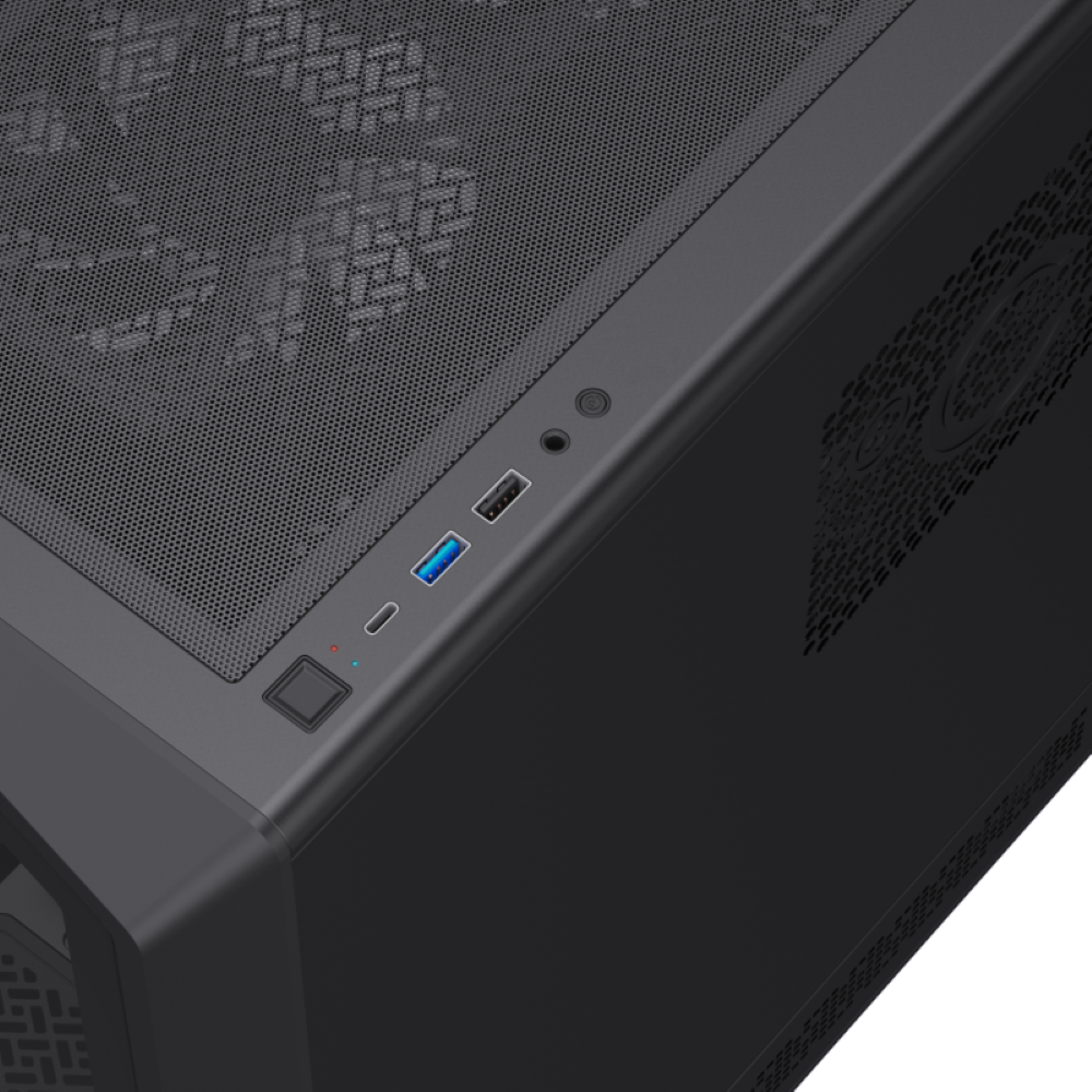 Nahaufnahme eines schwarzen Computergehäuses mit USB-Anschlüssen und einem Ein-/Ausschalter.