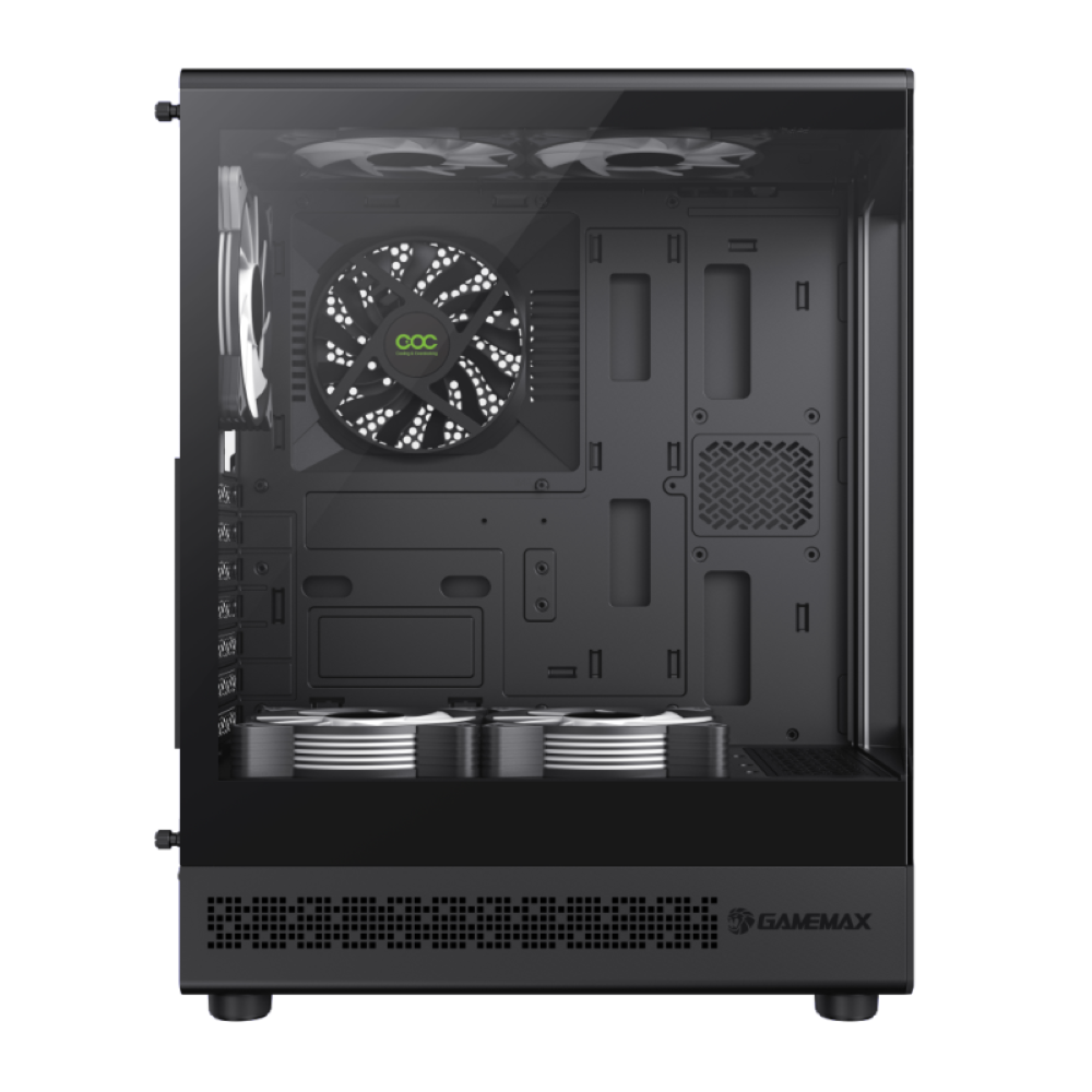 PC-Gehäuse innen, schwarz, mit Lüfter und Komponenten.