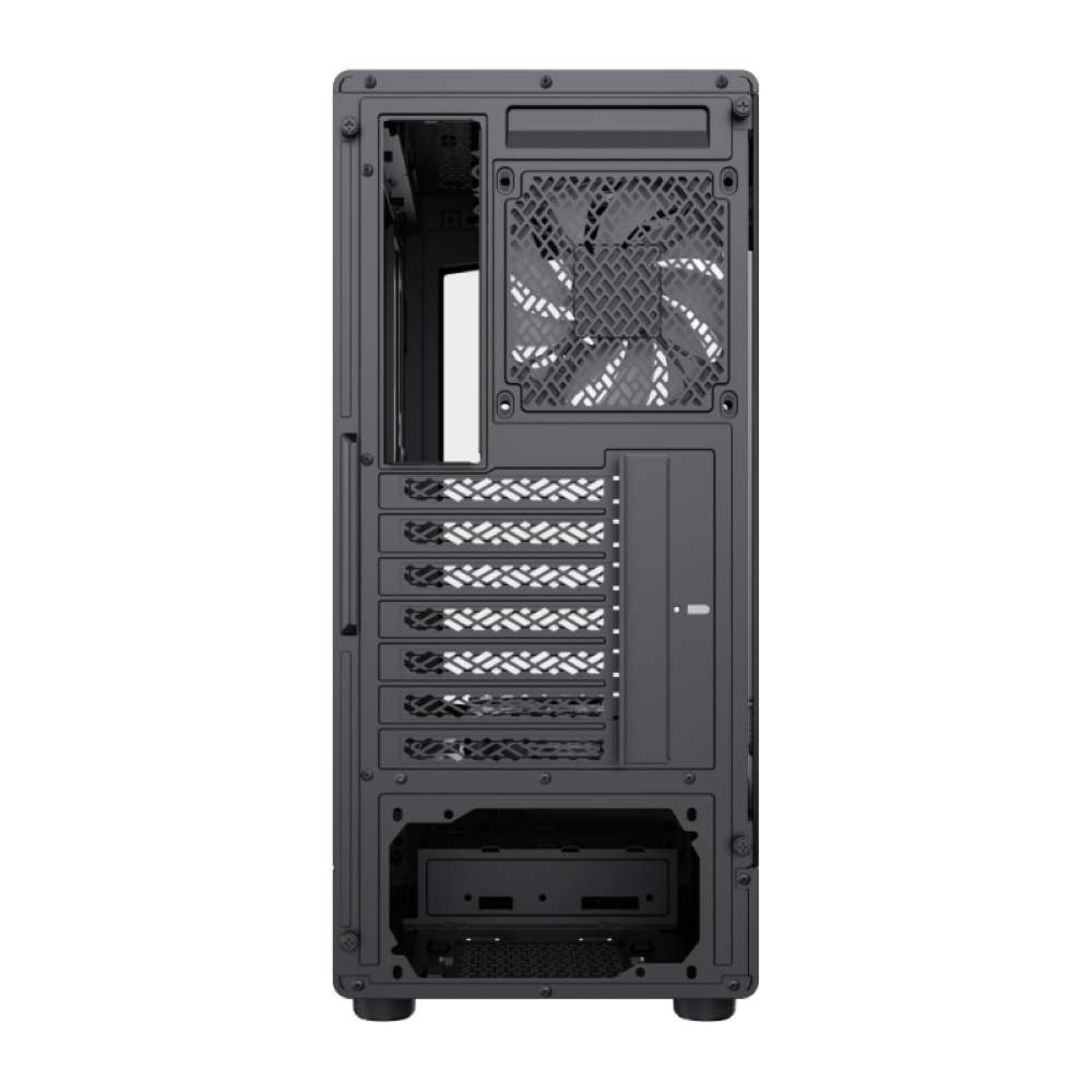 Ein schwarzes Computergehäuse mit einem Lüfter und Steckplätzen für Komponenten auf der Rückseite.