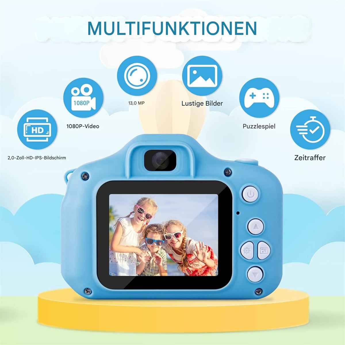 Blaue Kinderkamera mit Bildschirm und verschiedenen Funktionen.