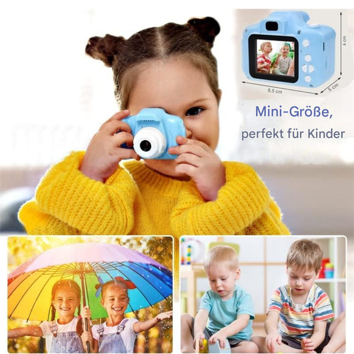 Kind mit blauer Kamera, zusätzliche Fotos und Text.