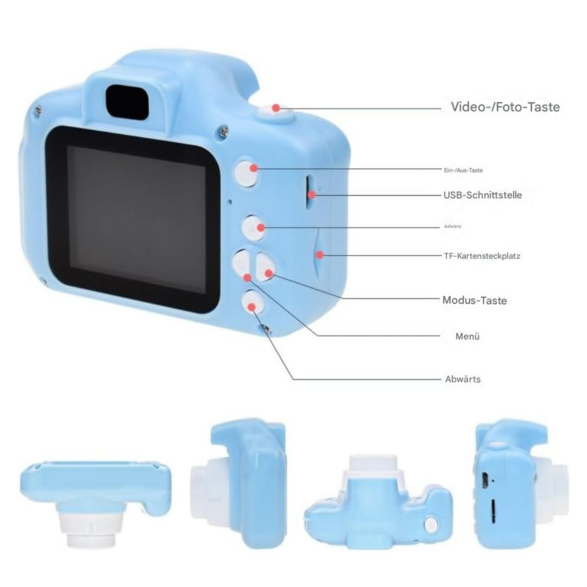 Blaue Kinderkamera mit Beschriftungen auf Funktionen.