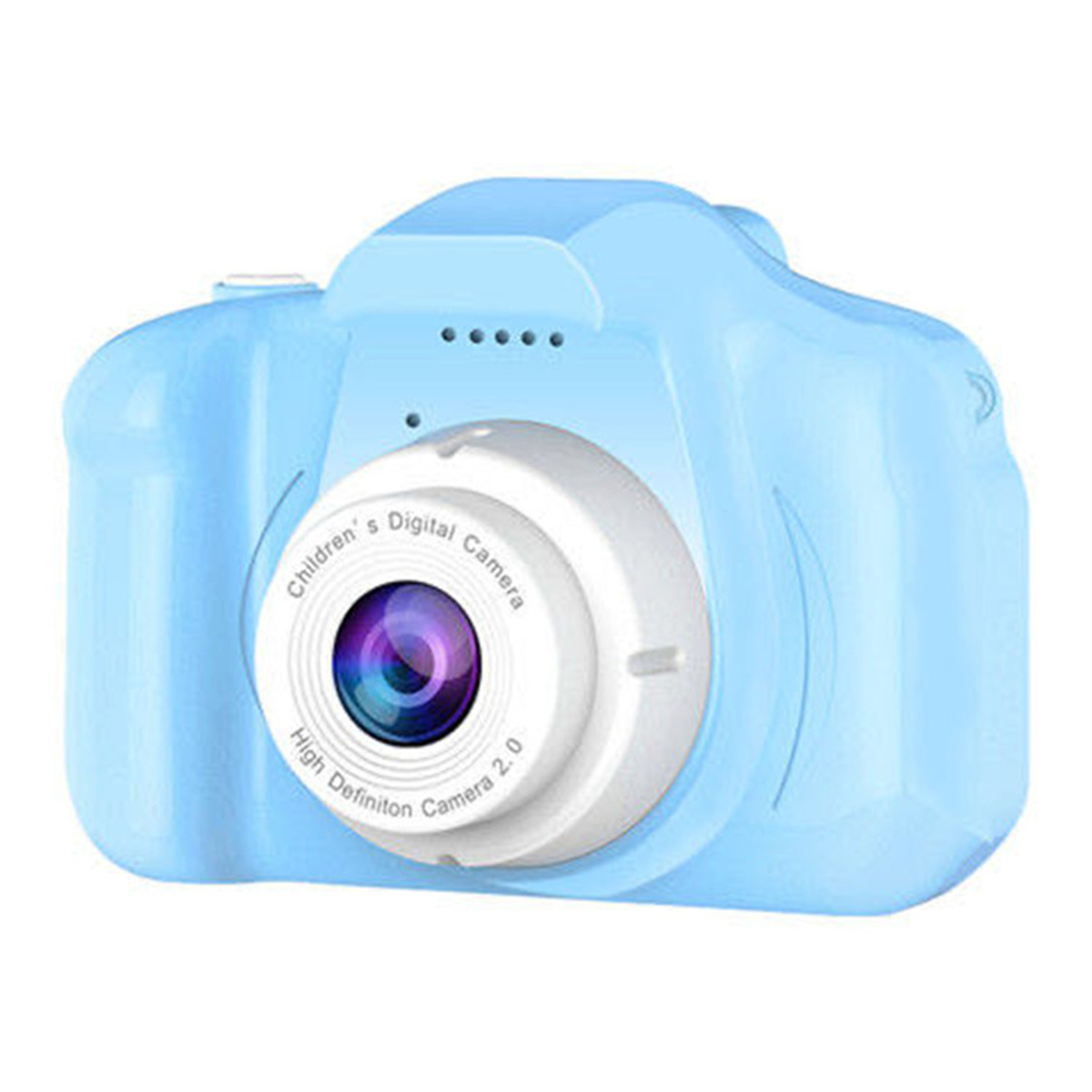Eine blaue Digitalkamera für Kinder. Sie hat ein weißes Objektiv und einen Bildschirm.