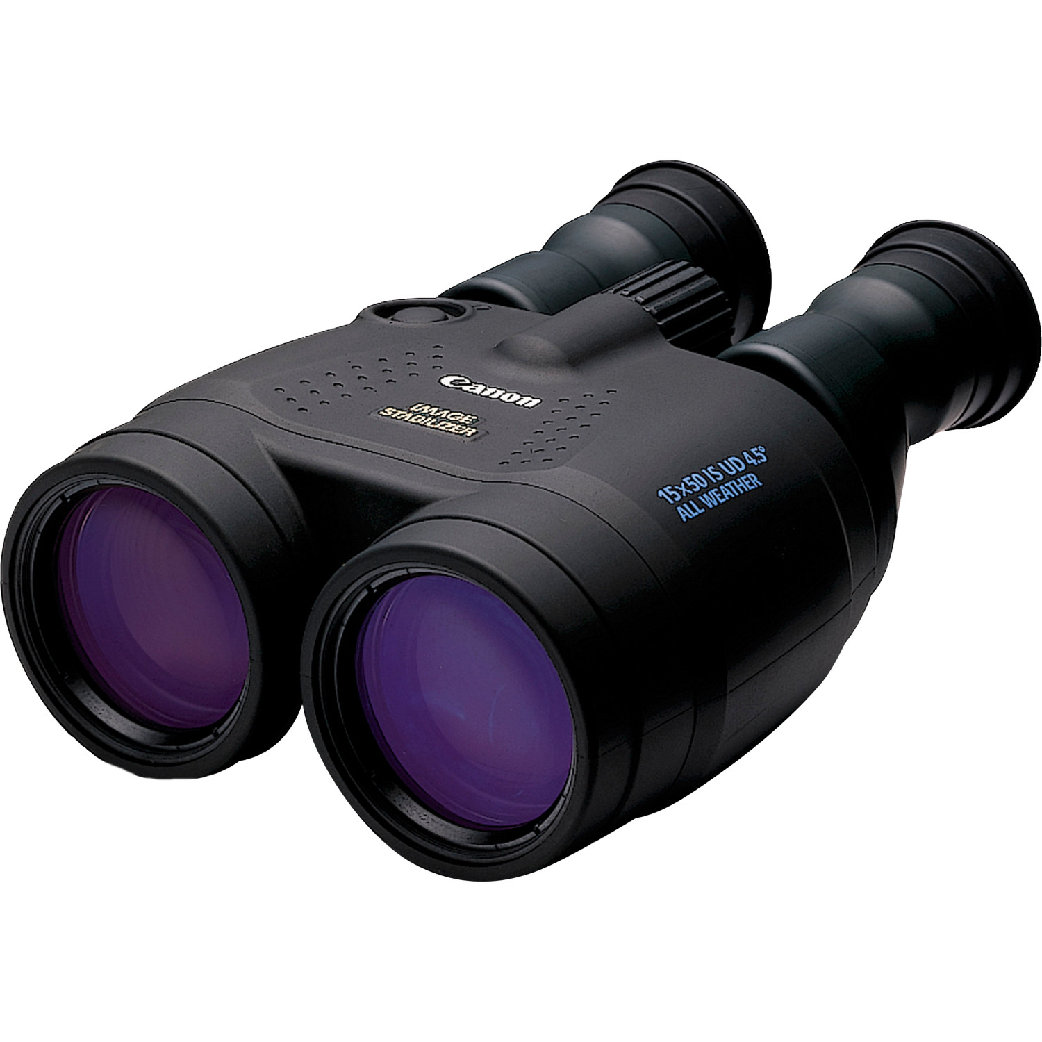 Schwarzes Canon Fernglas mit lilafarbenen Linsen, beschriftet mit Modell und Spezifikationen.