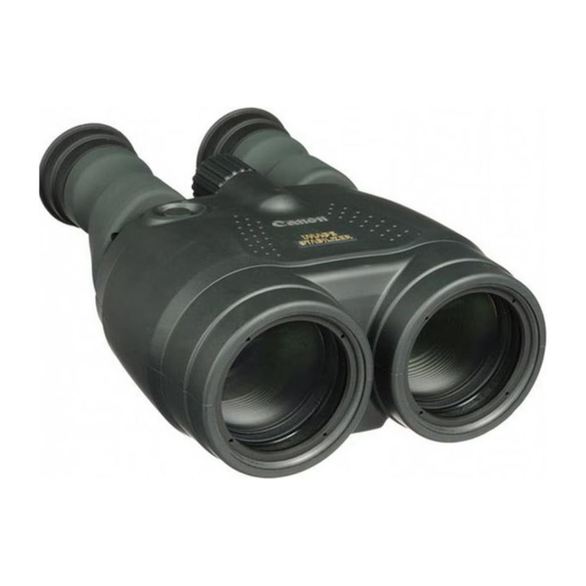 Schwarzes Canon Fernglas, abgewinkelt, mit dunkelgrünen Griffen und lilafarbenen Linsen.