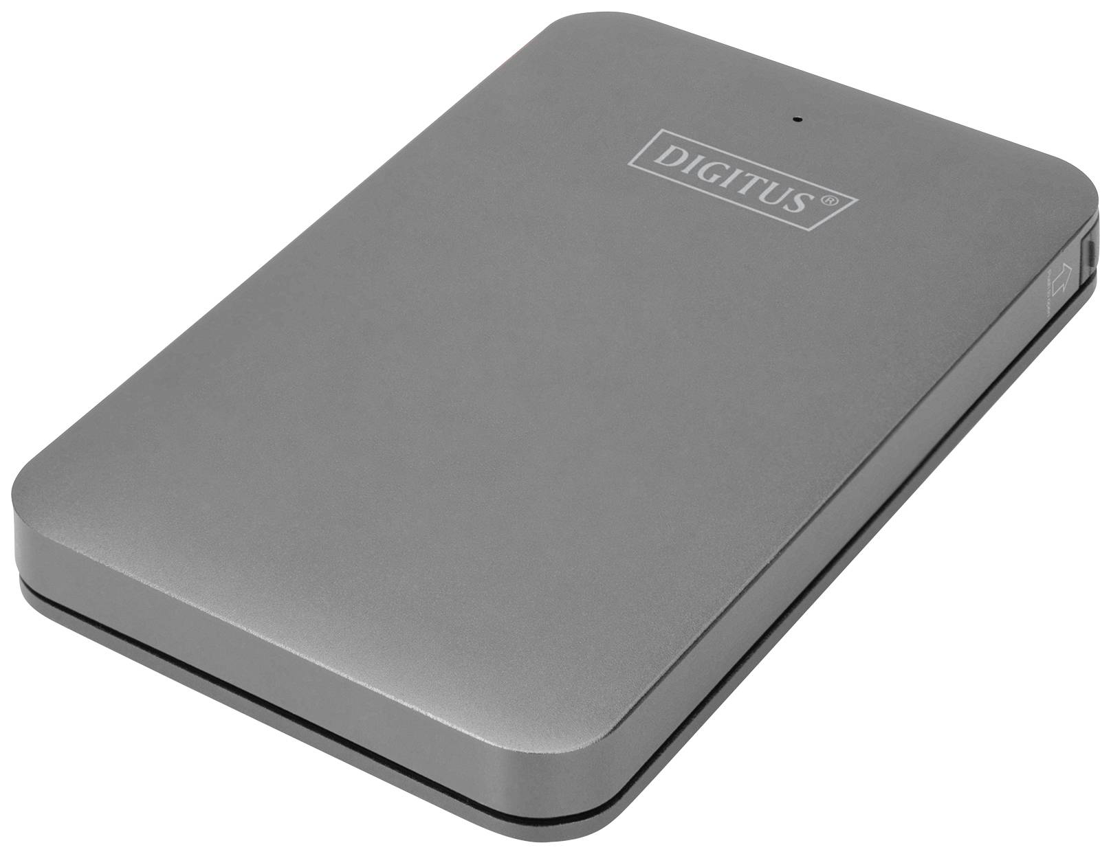 Szary zewnętrzny dysk twardy. Na górnej powierzchni białe logo 'DIGITUS'.