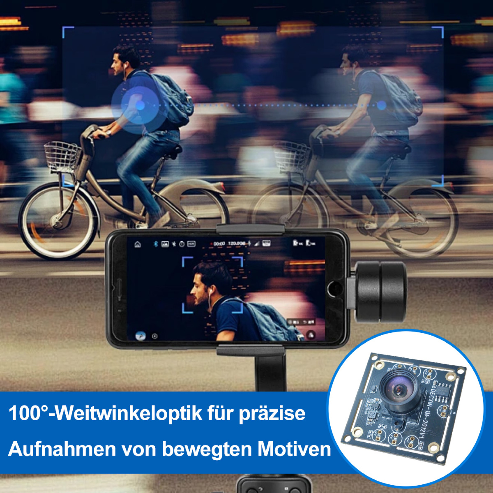 Smartphone zeichnet Mann beim Fahrradfahren auf. Kleine Kamera montiert. Text: 100° Weitwinkel.