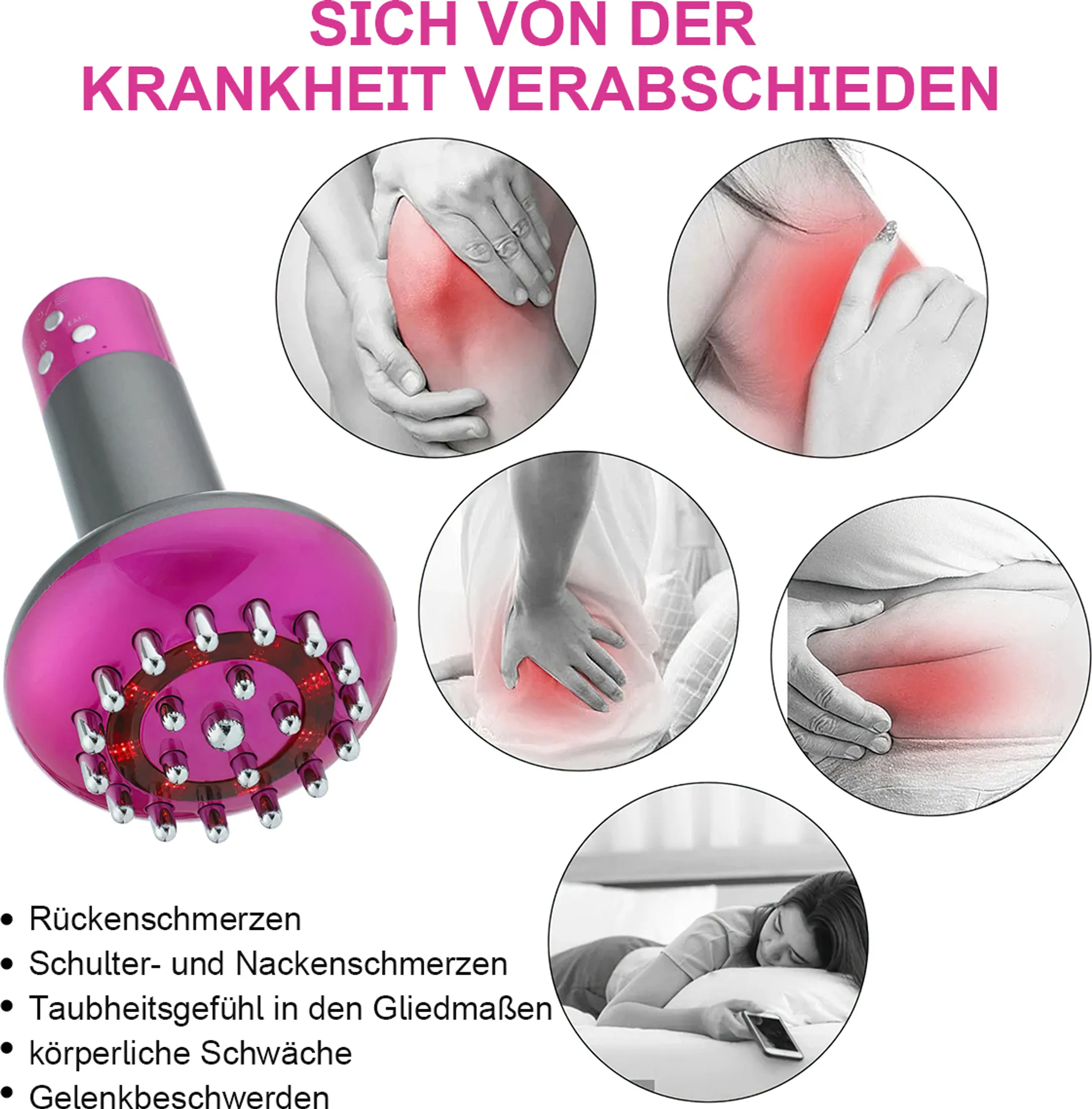 Ein Handmassagegerät mit rosa Akzenten, Nahaufnahmen von schmerzenden Körperbereichen.