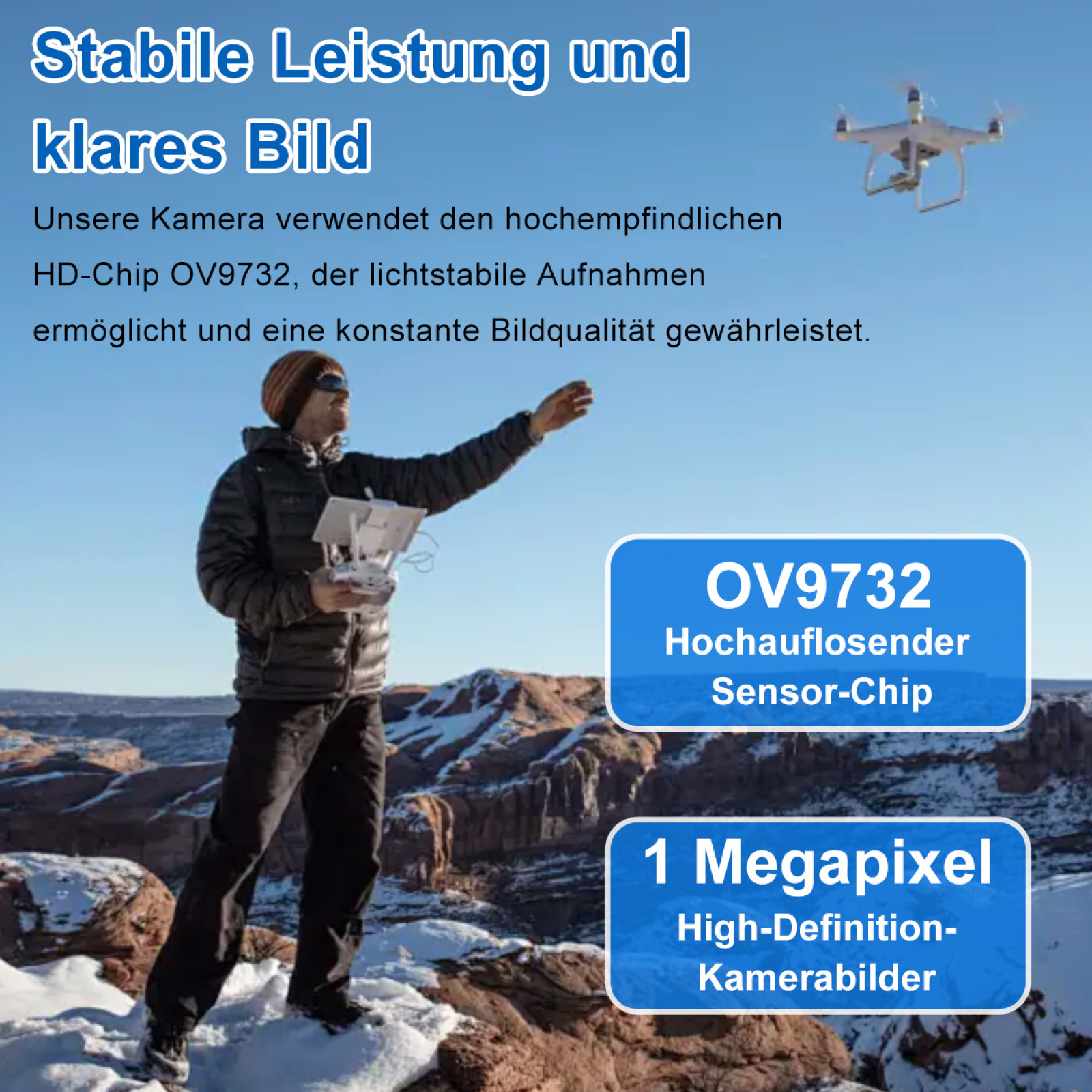 Mann zeigt auf Drohne am blauen Himmel. Text über Bildqualität und Funktionen.