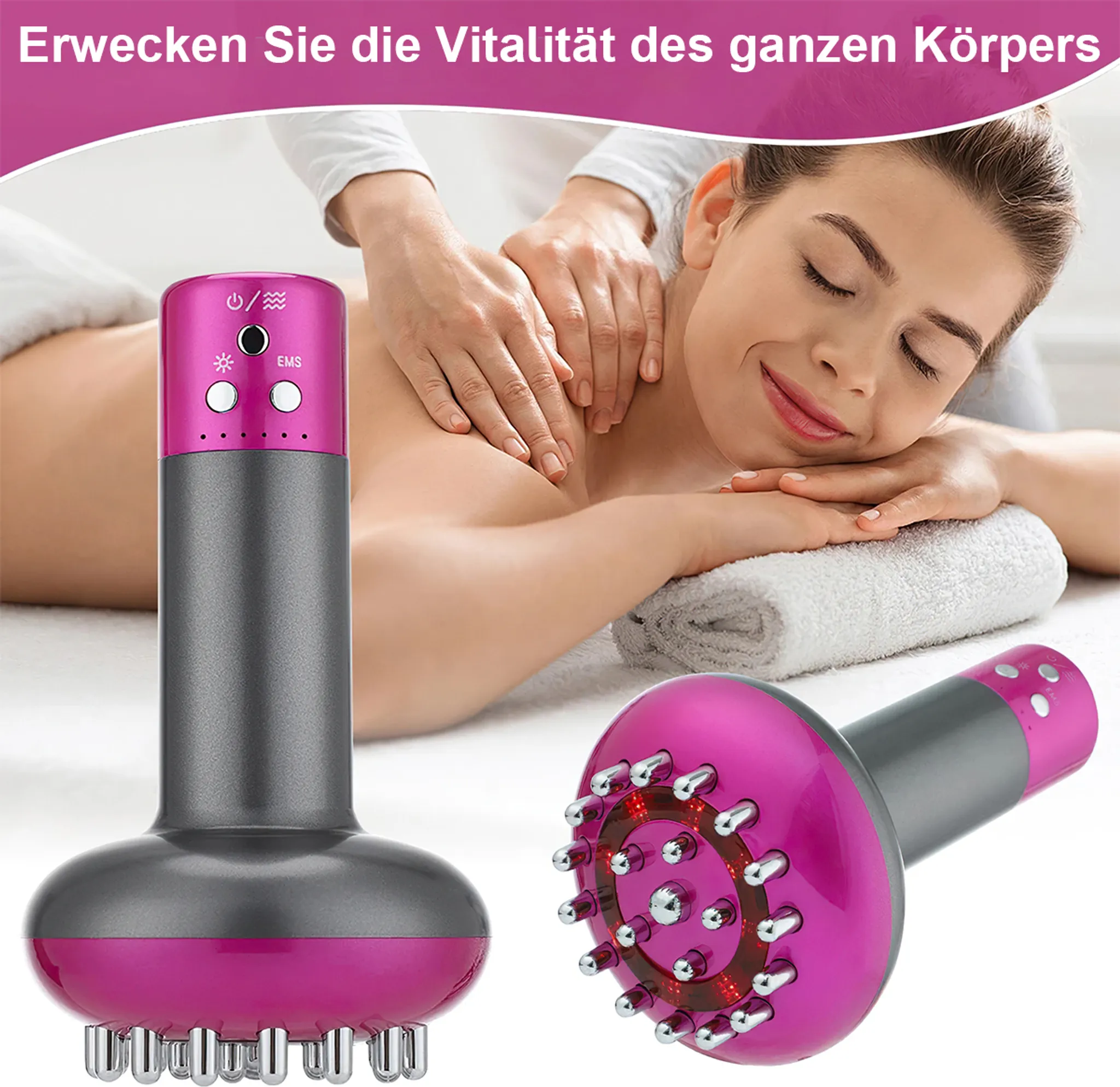 Frau erhält Massage mit Gerät. Gerät hat rosa Kopf und grauen Griff.
