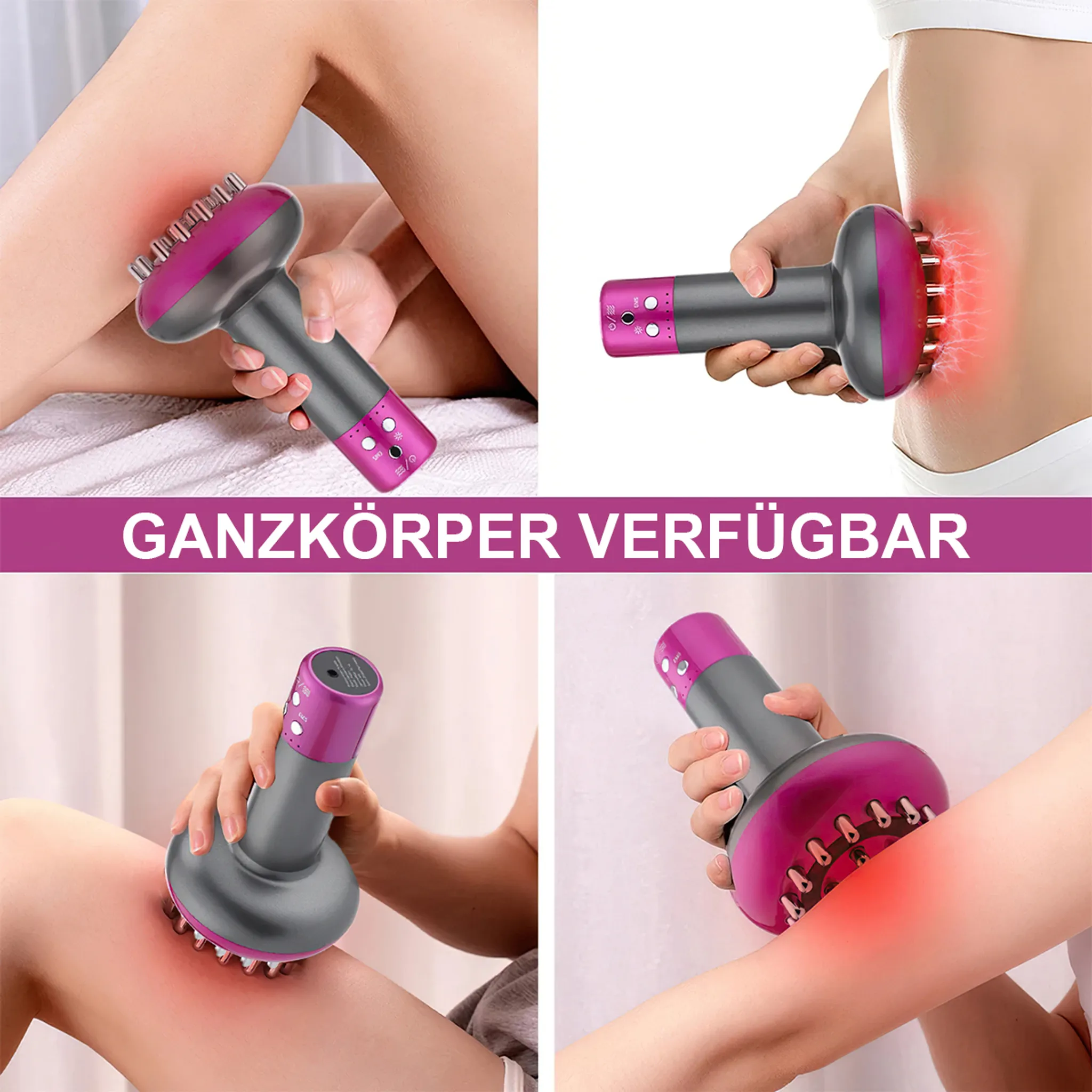 Ein Massagegerät mit Rotlichttherapie. Das Gerät wird am Körper gehalten.