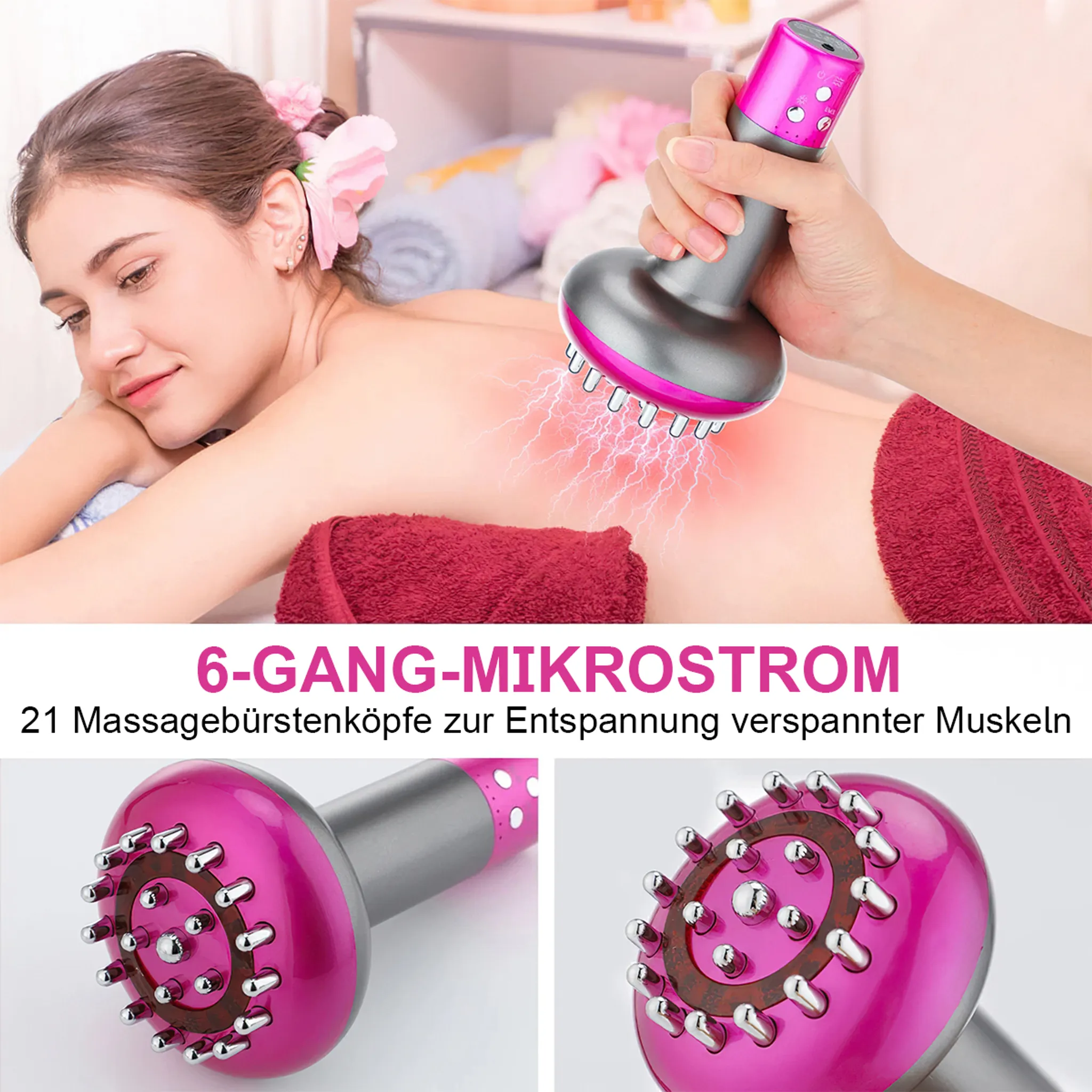 Eine Frau erhält eine Mikrostrommassage auf ihrem Rücken. Das Gerät hat einen pinken Kopf.