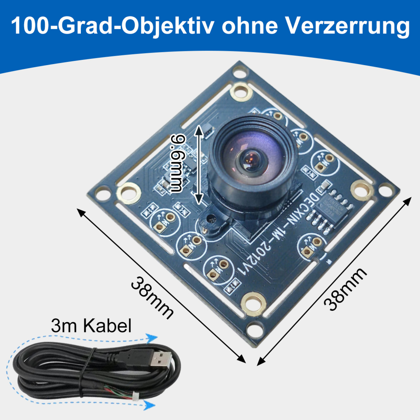 Eine kleine quadratische Kamerakarte mit Maßangaben. Ein Kabel ist angeschlossen.