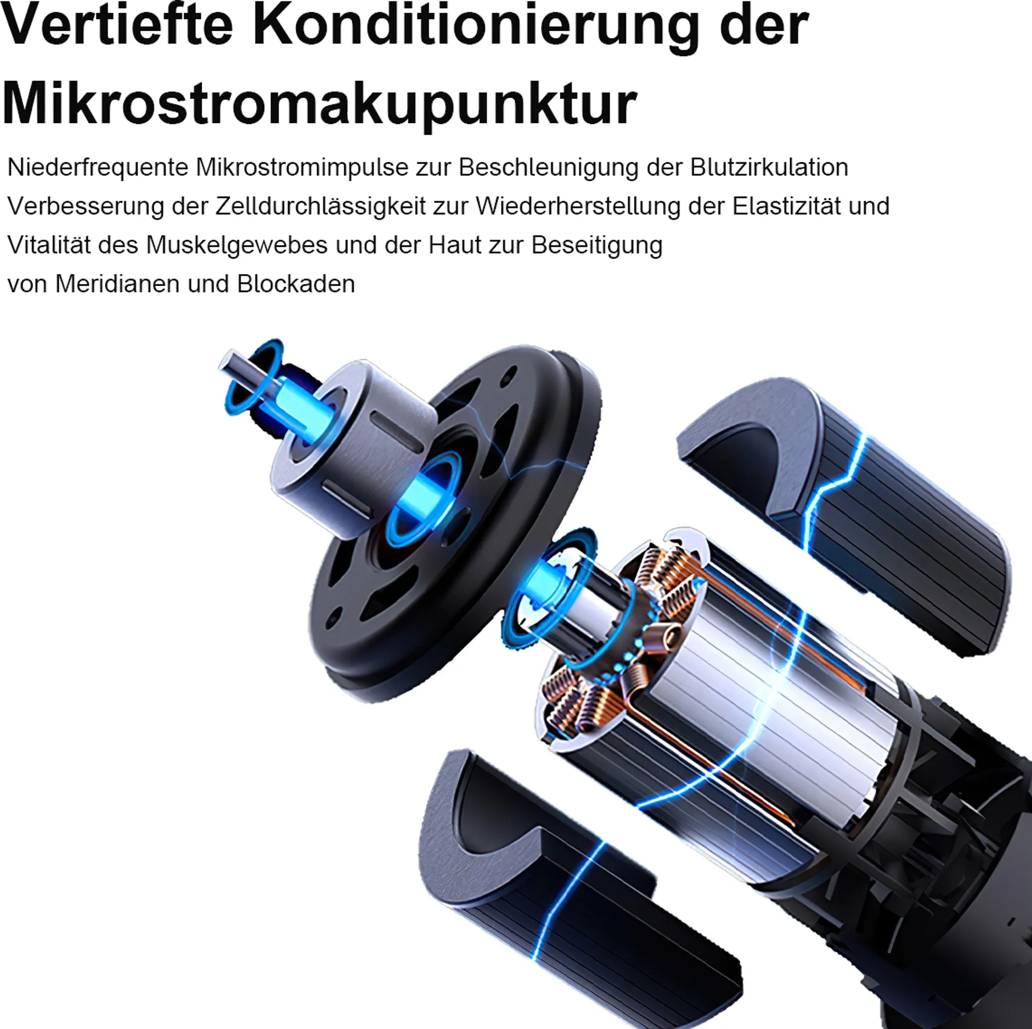Anatomie eines Geräts, das die Mikrostrom-Akupunktur zeigt. Blaues Licht und Komponenten sind sichtbar.