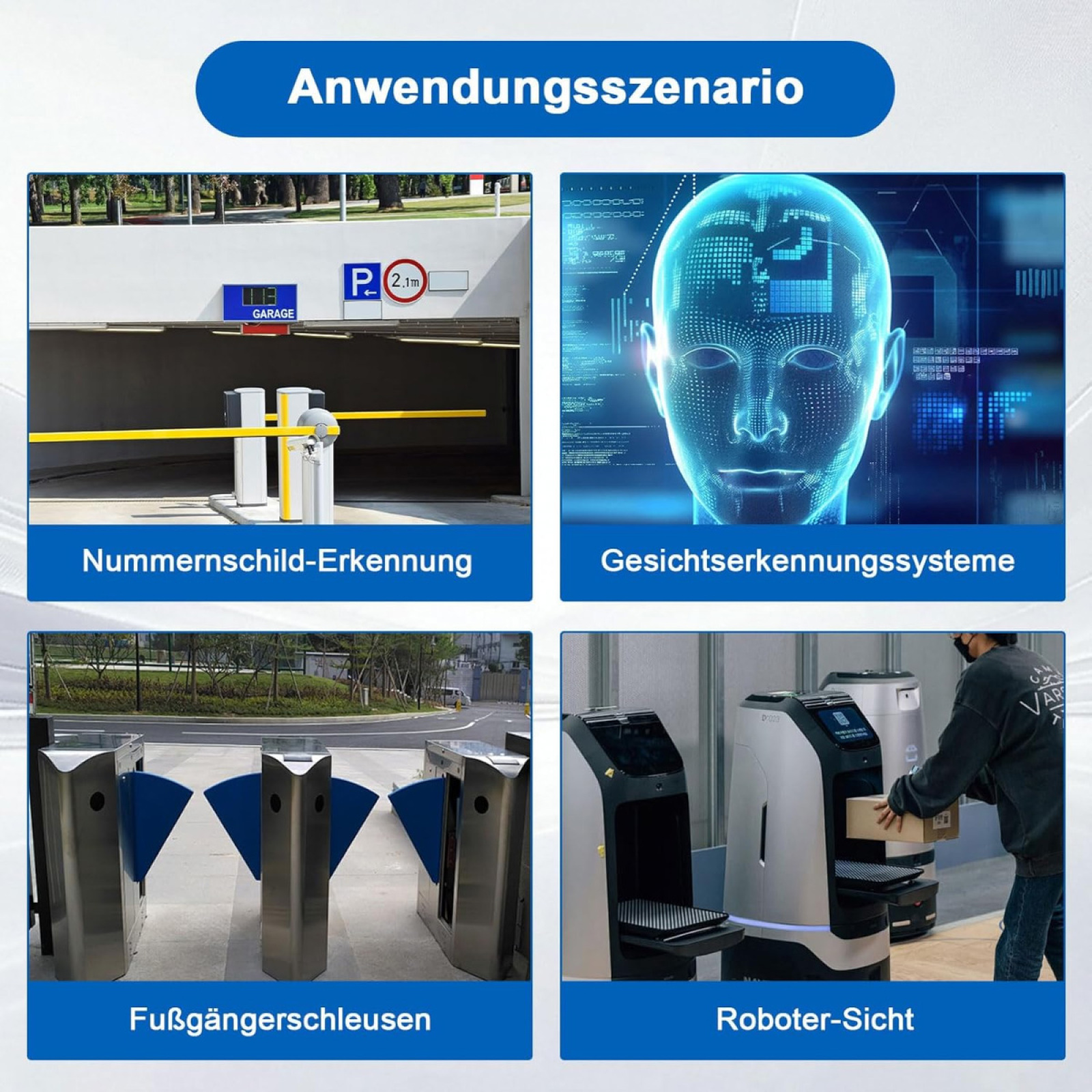 Vier Bilder, die Nummernschilderkennung, Gesichtserkennung, Drehkreuze und Robotersicht zeigen.