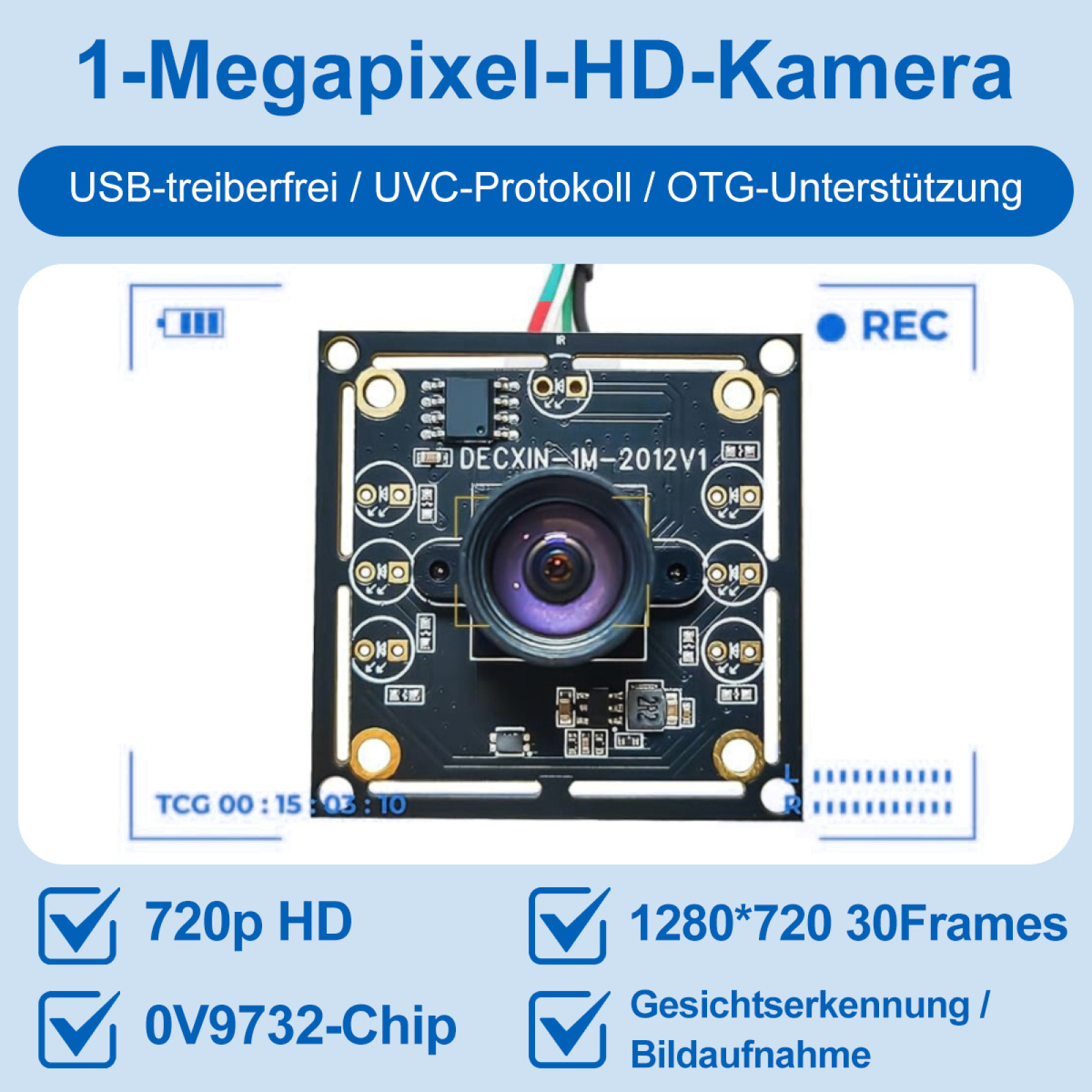 Schwarze Leiterplatte mit Kameraobjektiv und blauer Box. Text und Symbole.