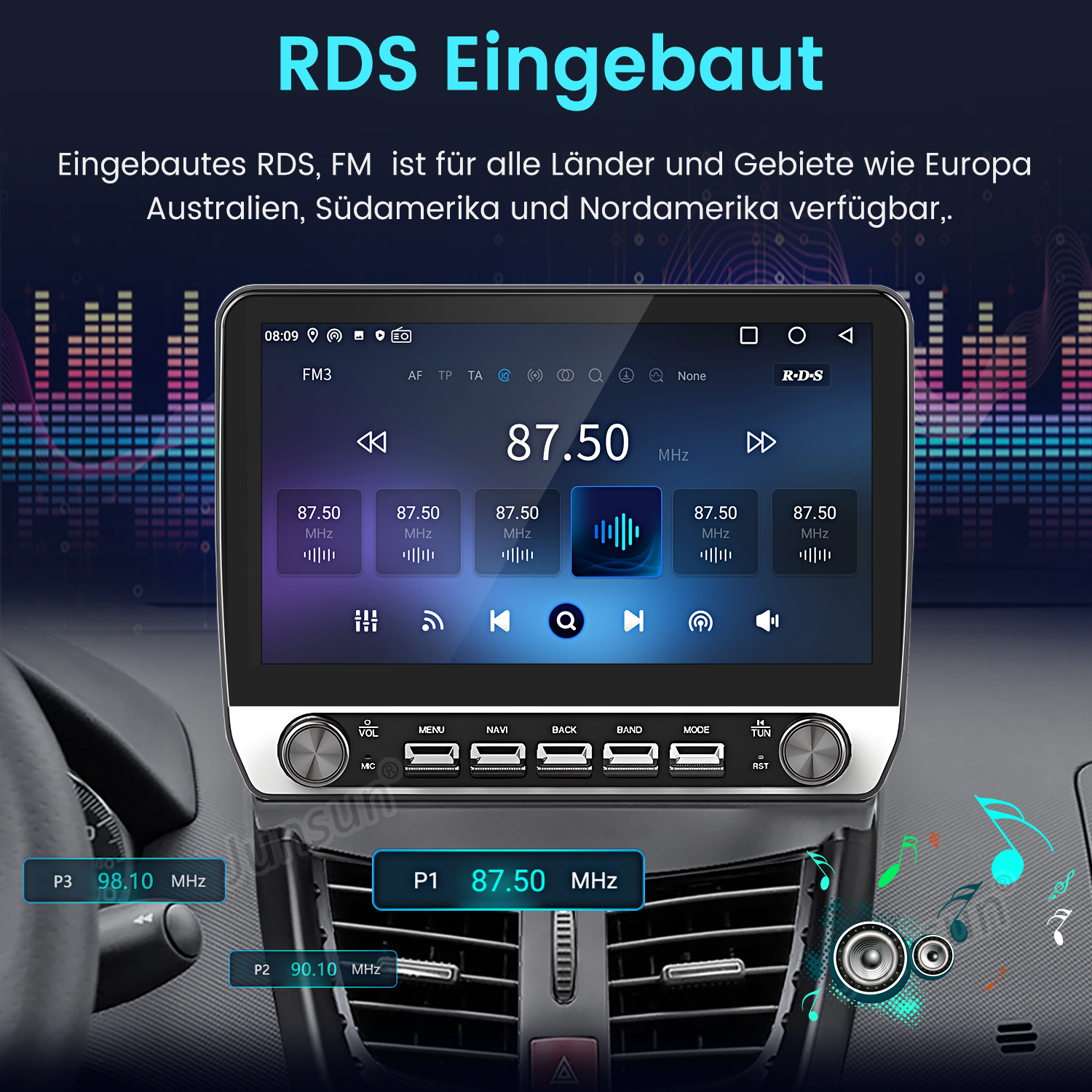 Ein Autoradio-Display, das die FM-Radio-Oberfläche zeigt. Tasten und Details sind auf dem Bildschirm zu sehen.