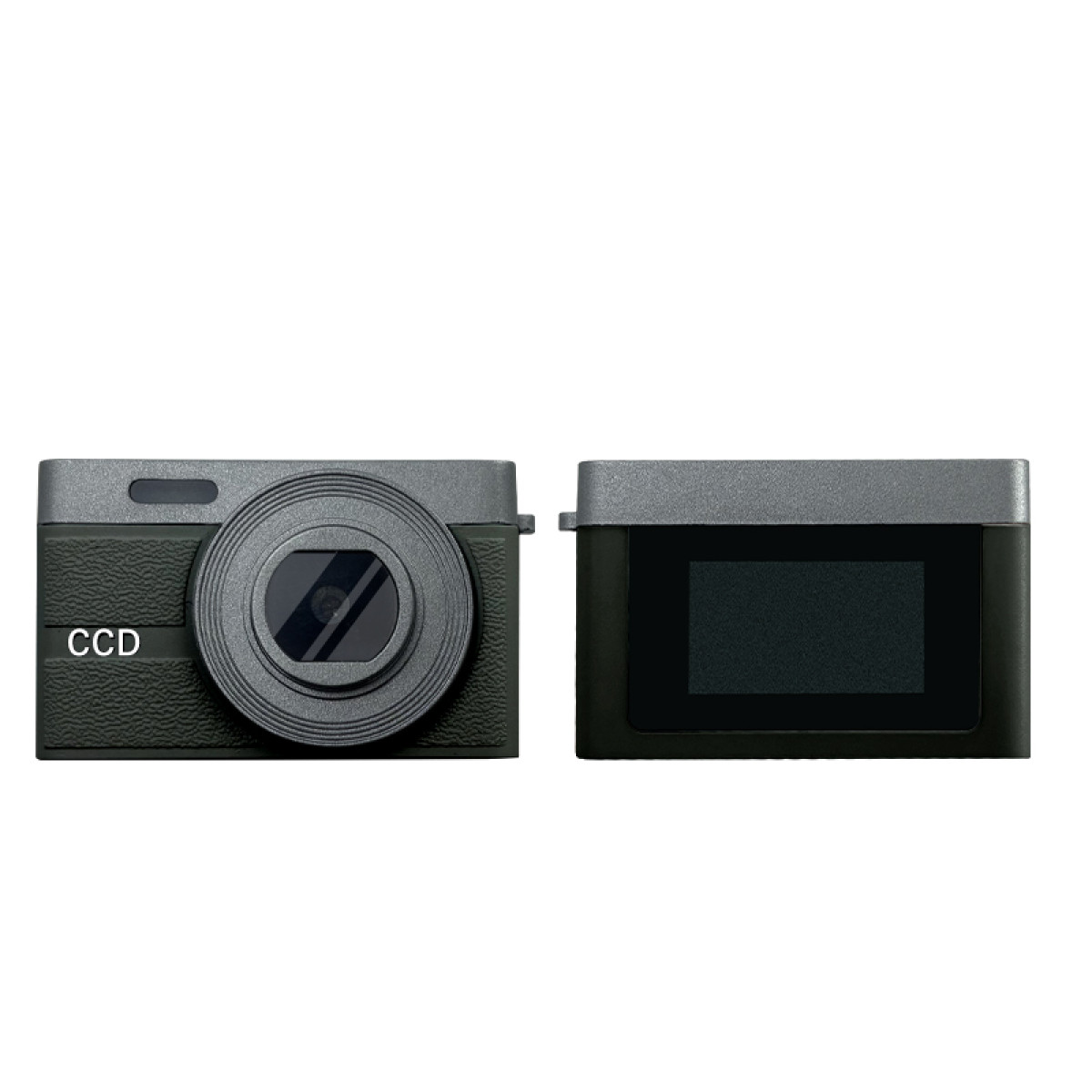 Twee camera's, één met lens en de andere met scherm. Beide in grijstinten.