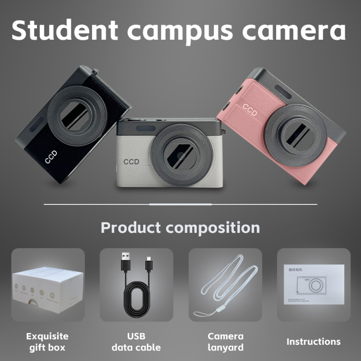 Drie camera's, cadeaus, USB-kabel, koord en instructies op een grijze achtergrond.