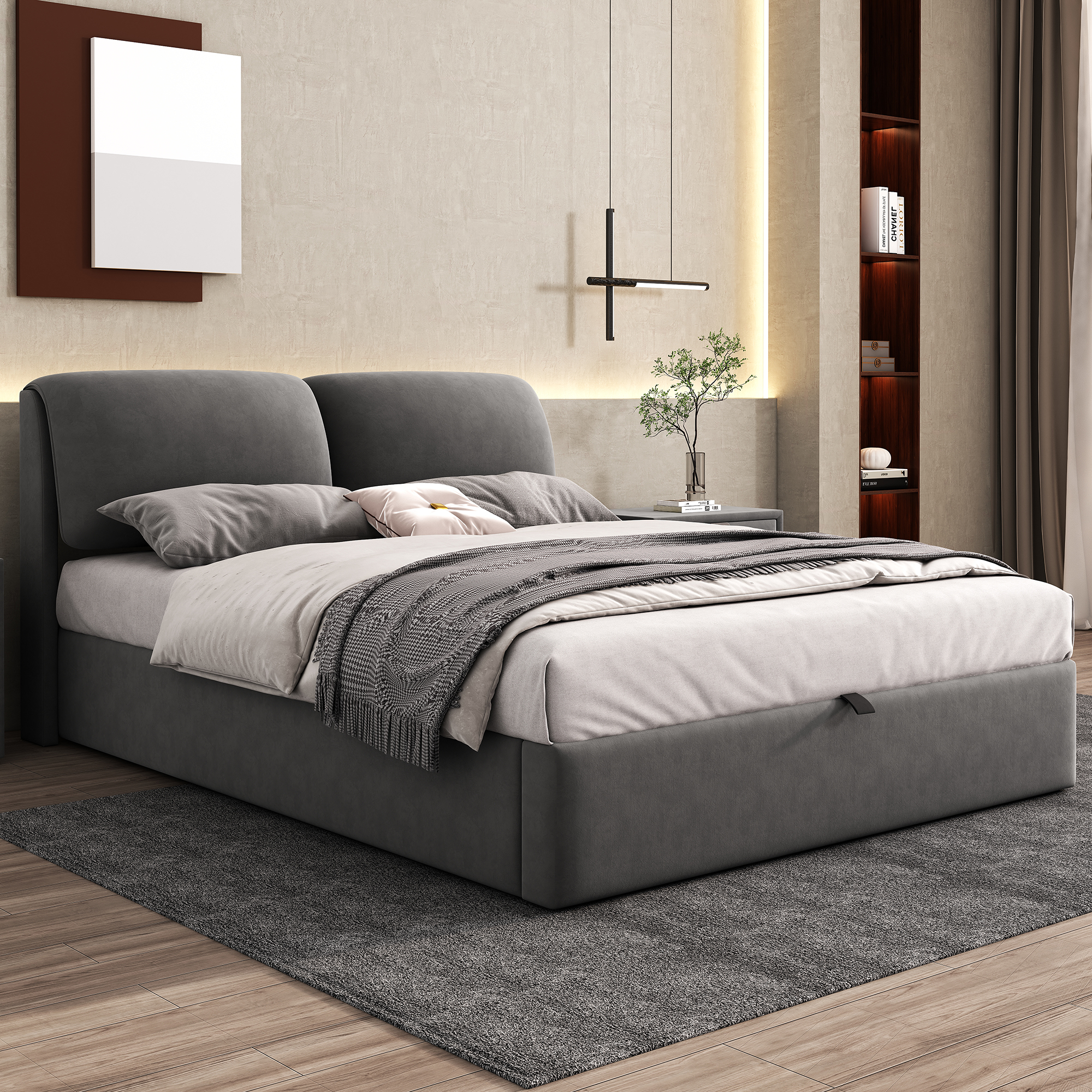 Graues Bett mit Kopfteil, Kissen und Decke, platziert auf einem grauen Teppich.