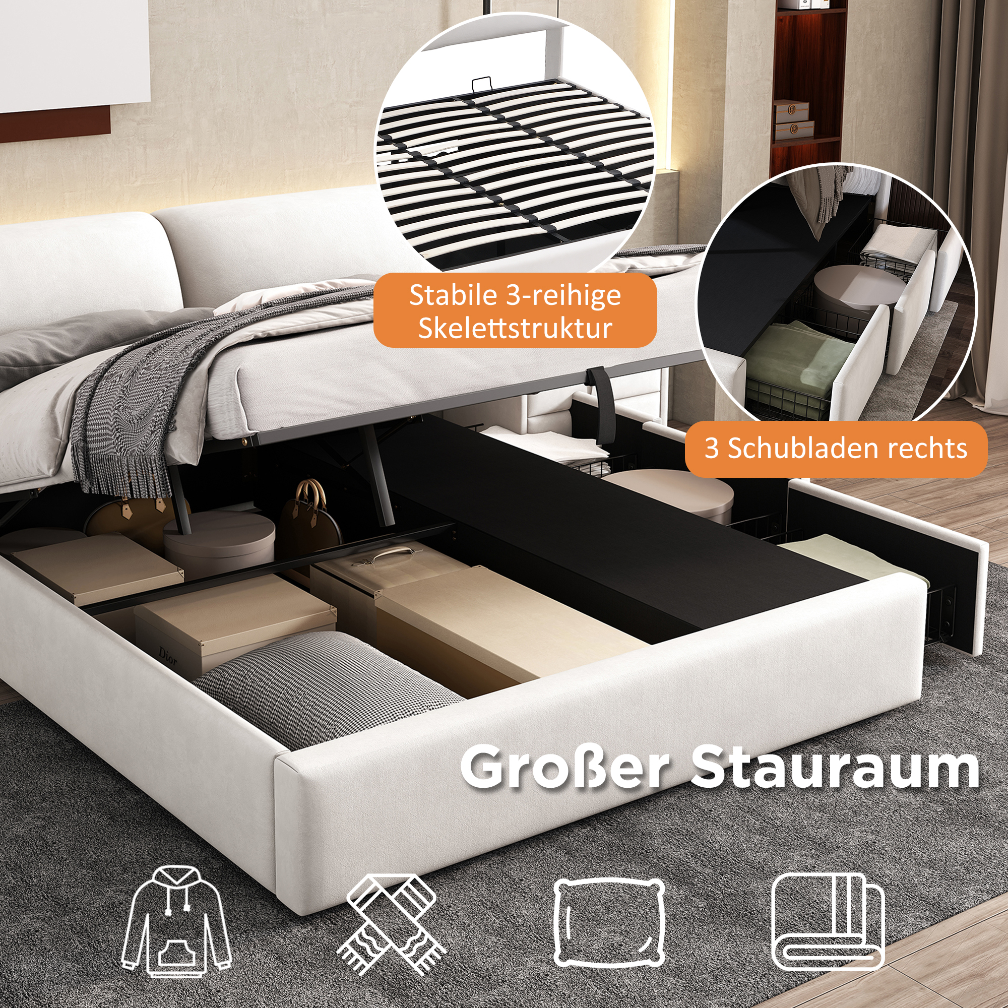 Weißes Bett mit Stauraum. Schubladendetails, großer Stauraum-Text, Icons für Artikel.