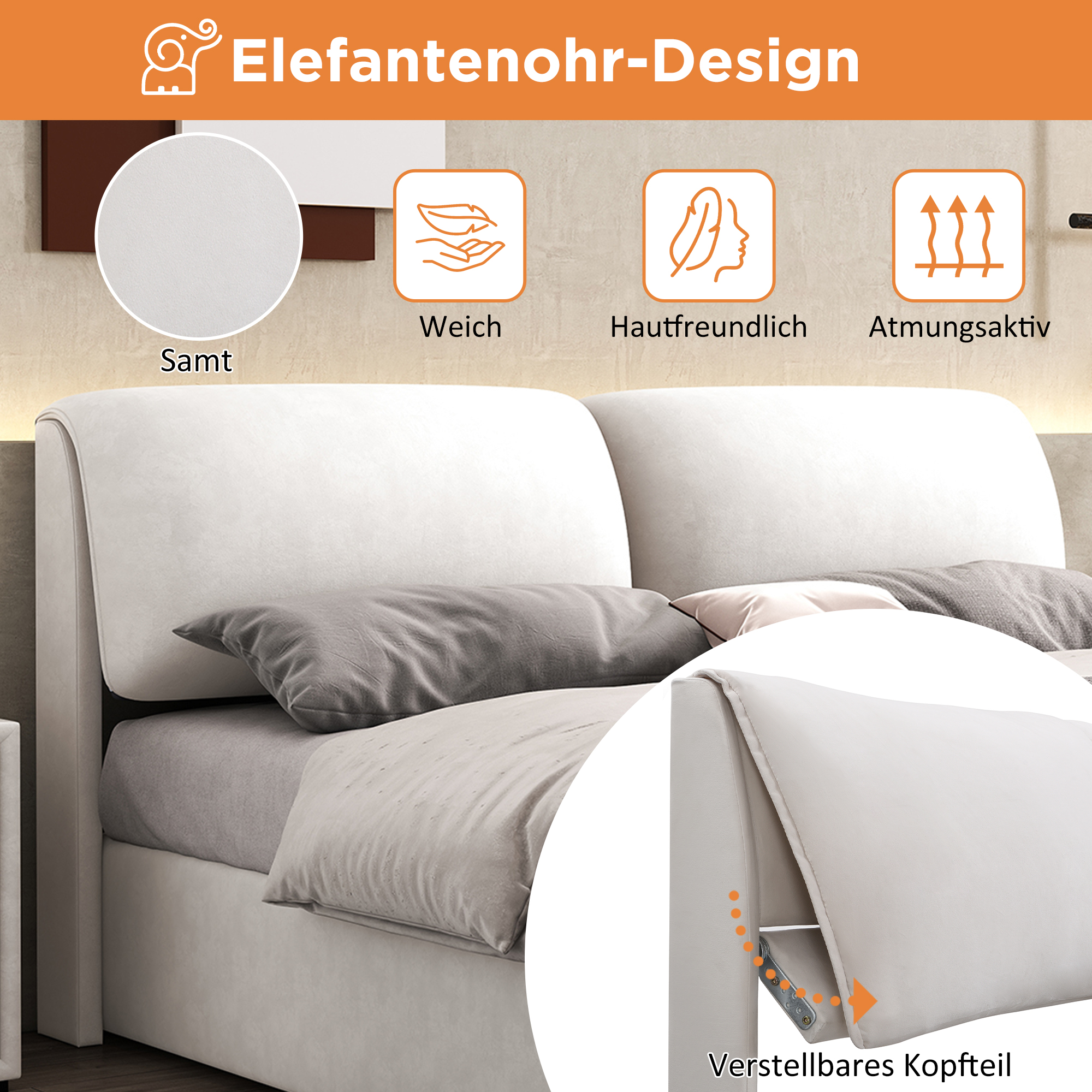 Ein weißes Bett mit Kopfteil und grauem Kissen, mit deutschem Text.