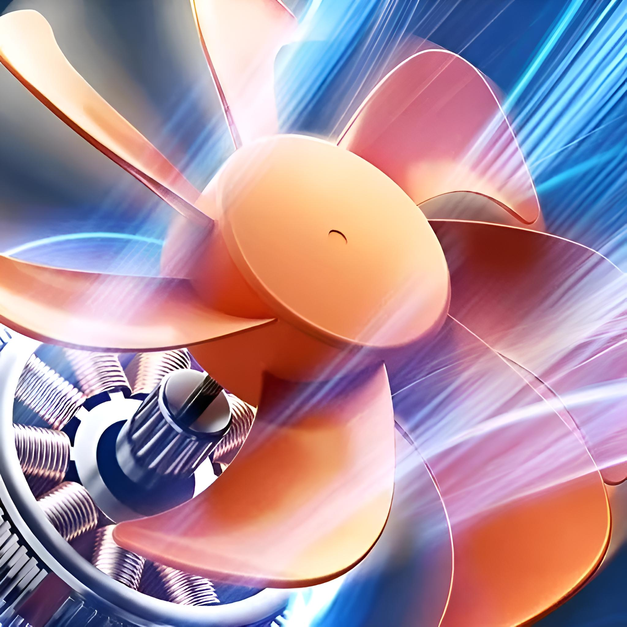Abstraktes Bild eines Lüfters mit orangefarbenen Flügeln, mit blau-weißem Hintergrund.