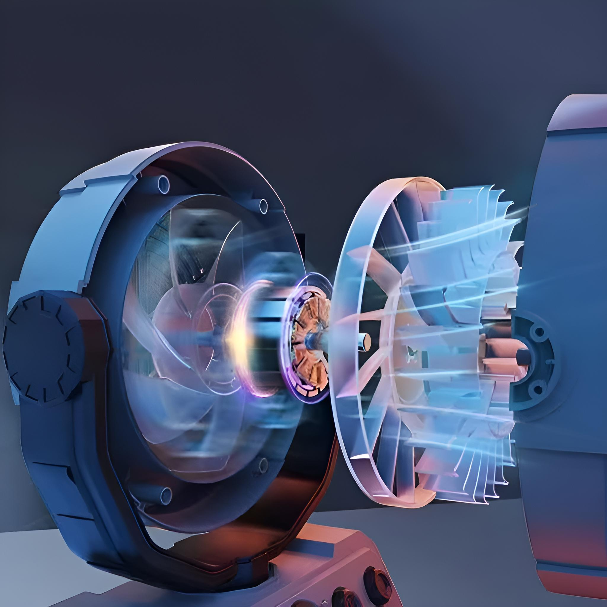 Schnittansicht eines Lüfters mit Flügeln und Motor. Luftstrom wird mit blauen Linien visualisiert.
