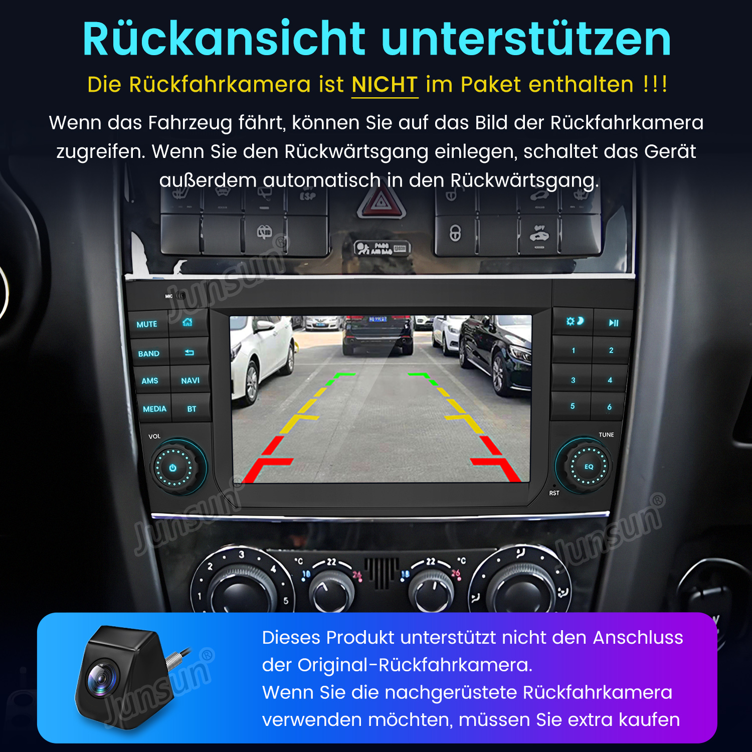 Auto-Bildschirm mit Ansicht von einer Rückfahrkamera, umgeben von Knöpfen und Bedienelementen.