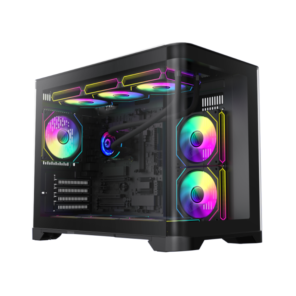 Case PC nero con pannello in vetro, ventole multicolore e raffreddamento a liquido.