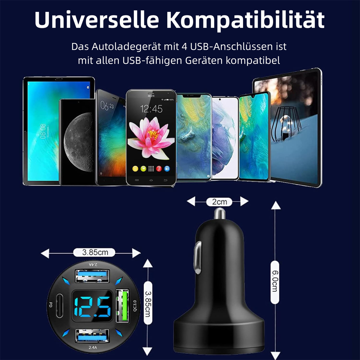 Schwarzes Autoladegerät, Telefone und Tablets. Text, der Kompatibilität und Abmessungen angibt.