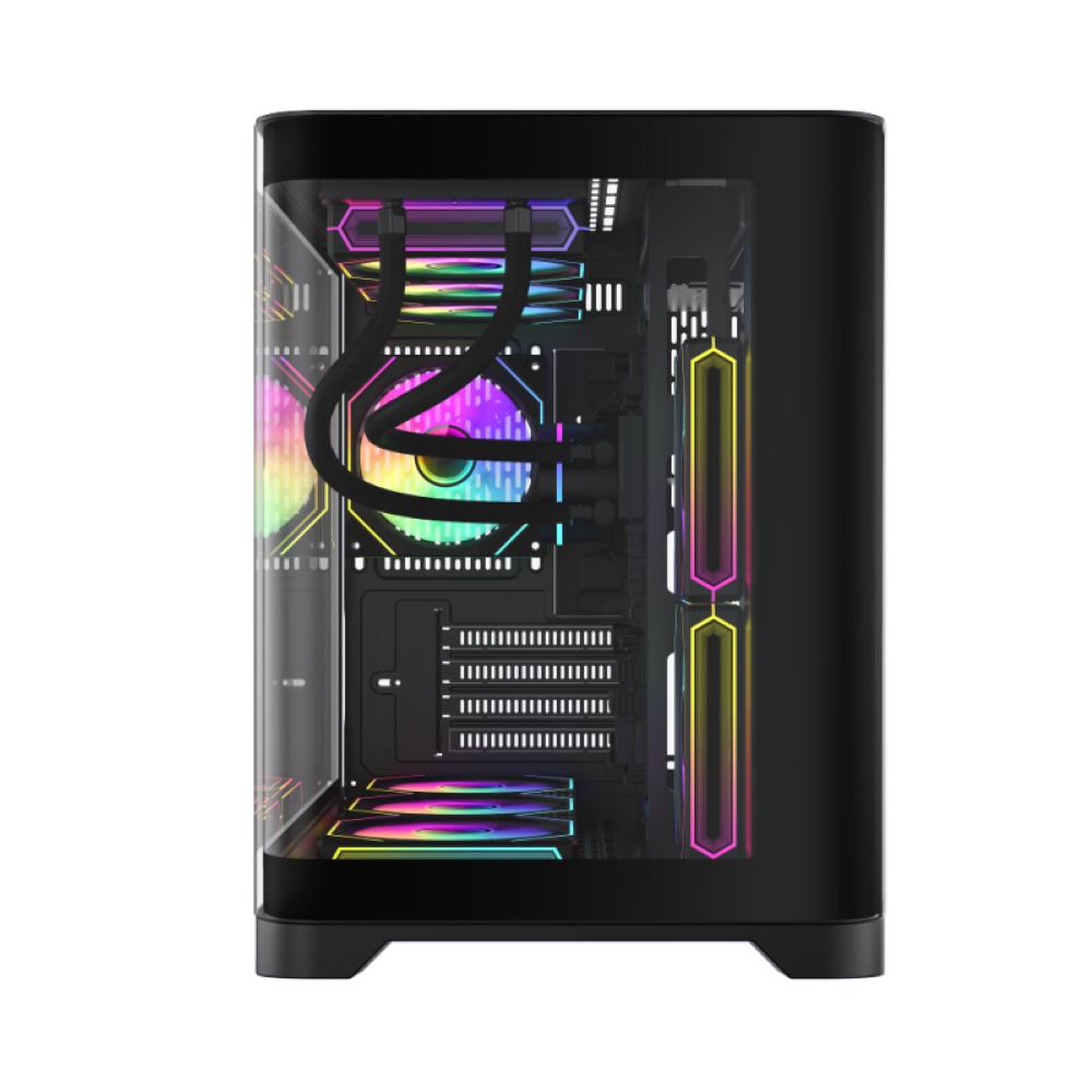 Case per computer con pannello laterale trasparente, che mostra componenti interni con illuminazione LED colorata.