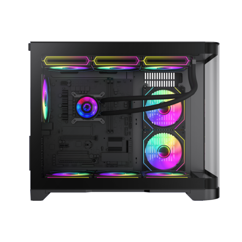 Case PC nero, ventole multicolore e raffreddamento a liquido installati.