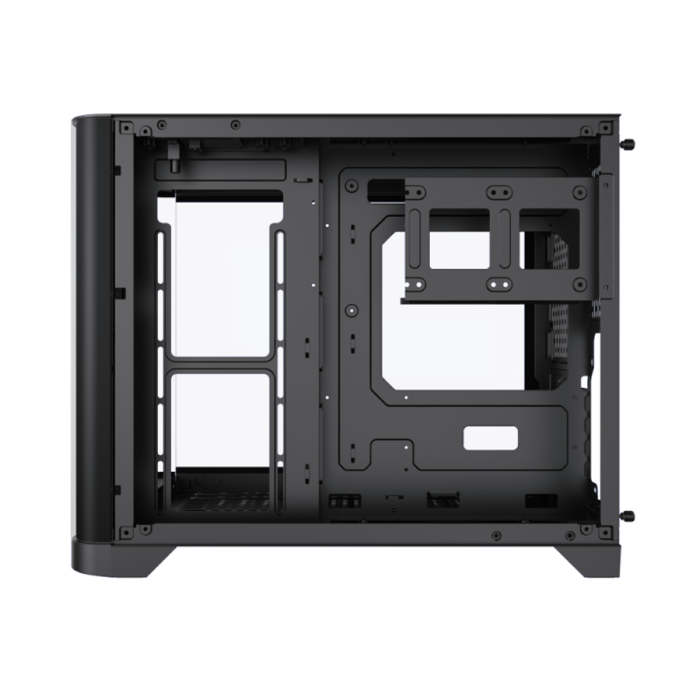 Interno del case del PC, vuoto, con luci LED blu. Mostra la struttura interna.