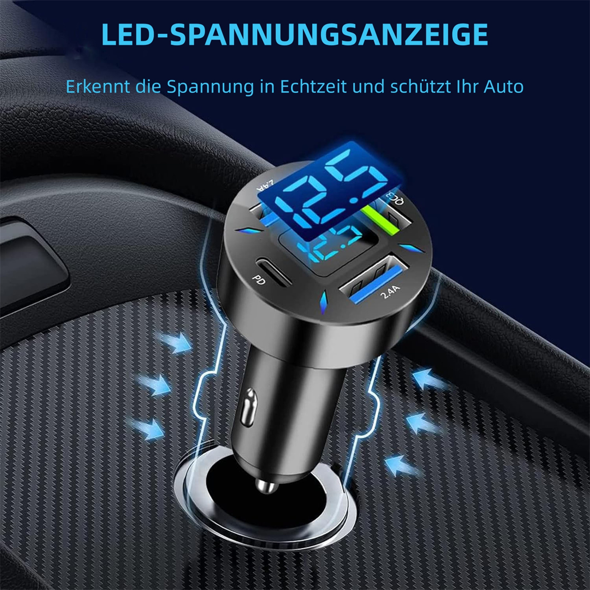 Kfz-Ladegerät mit LED-Spannungsanzeige. Zeigt die Spannung auf einem blauen Bildschirm.