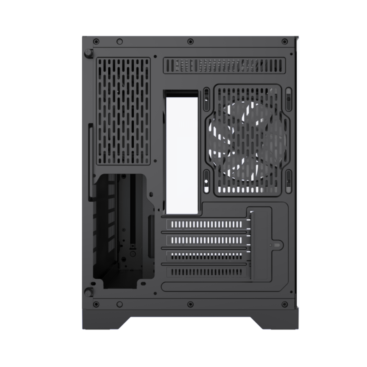 Case per computer, vista posteriore. Design aperto con dettagli blu e ventola.