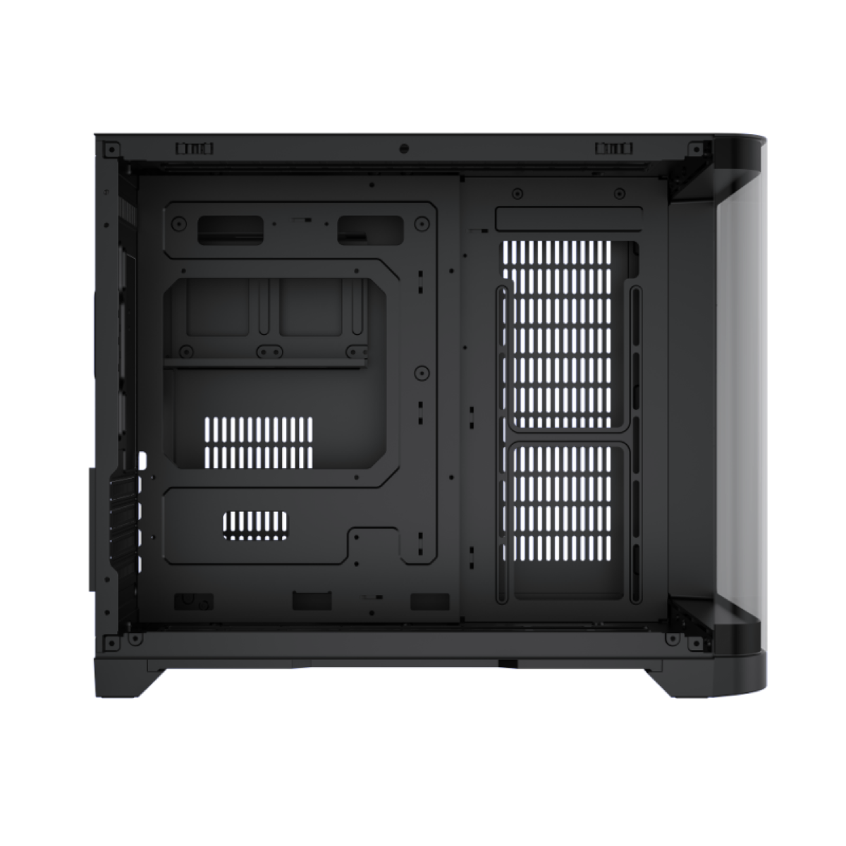 Interno del case del PC, vuoto, con strisce luminose blu per l'illuminazione.