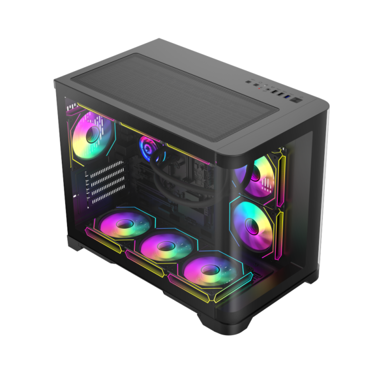 Schwarzes Computergehäuse. Glasseitenwand mit bunten Lüftern und Lichtern.