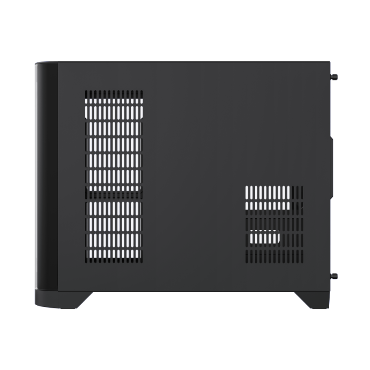Vista laterale del case del PC nero, con strisce luminose blu e fori di ventilazione.