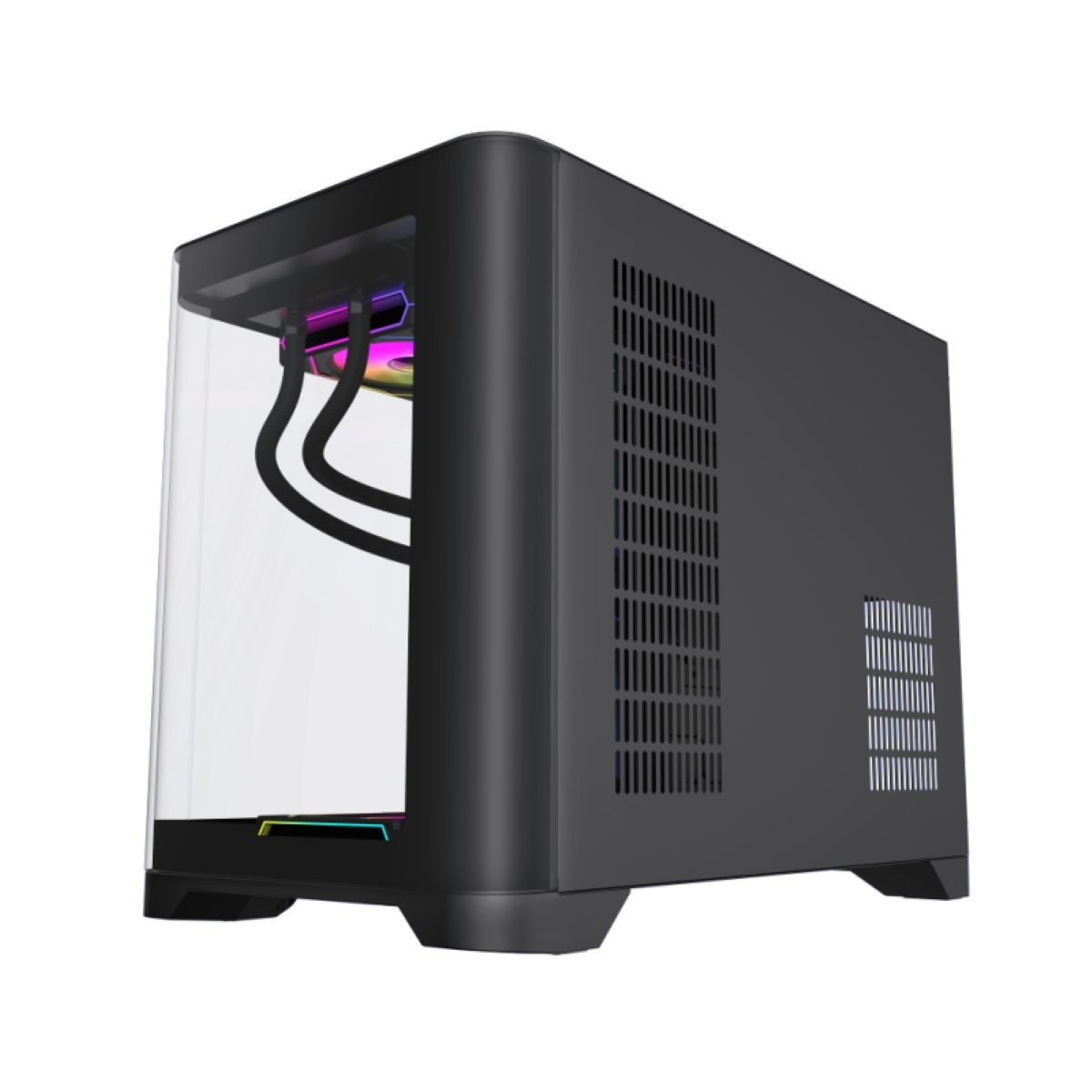 Case per computer nero con pannello laterale trasparente, che mostra componenti interni con illuminazione colorata.
