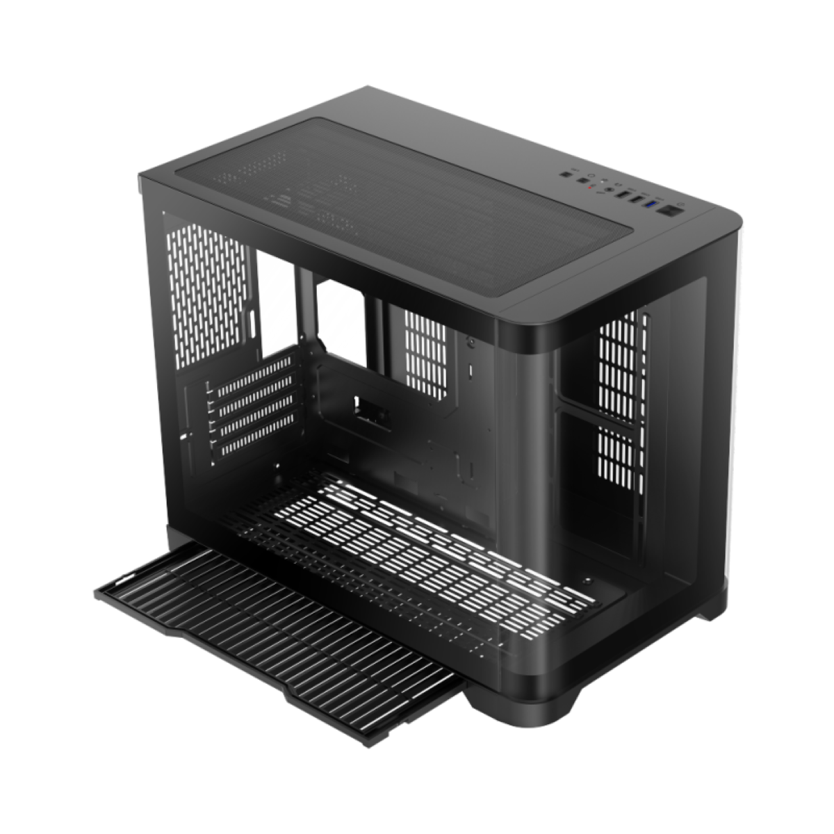 Case PC nero con pannello in vetro, parzialmente aperto, mostra l'interno.