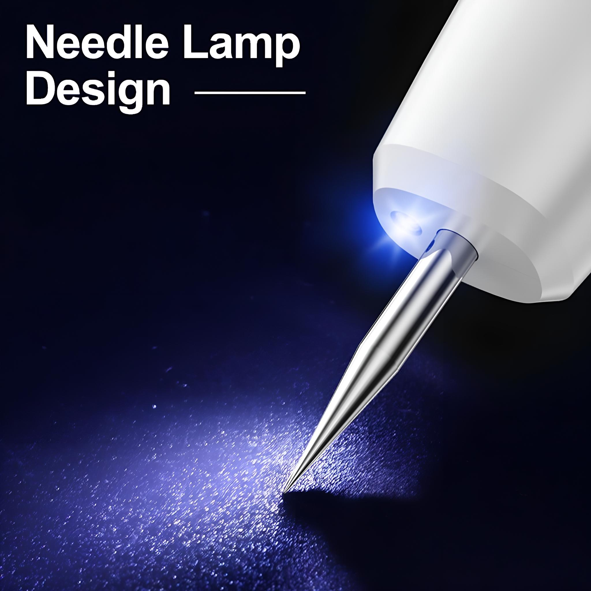 Nahaufnahme eines weißen Geräts mit Nadel-Lampen-Design, das blaues Licht aussendet.