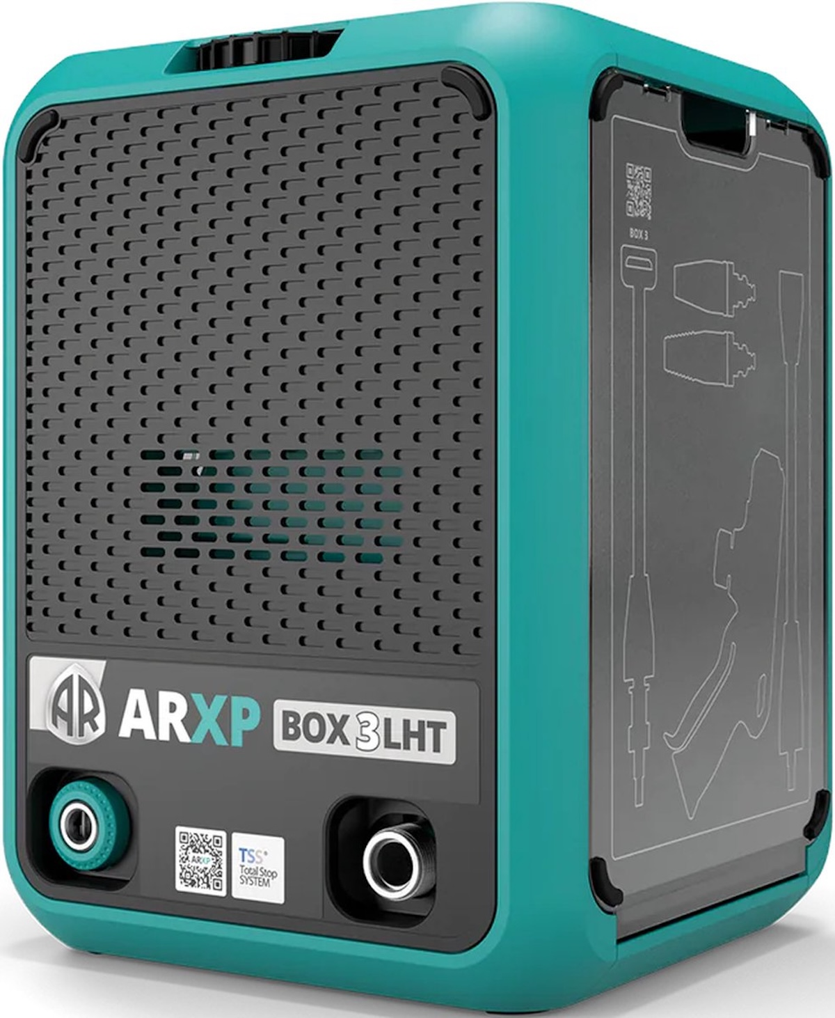 Un ARXP BOX 3 LHT color verde acqua con manico nero. Il retro ha un design a griglia.