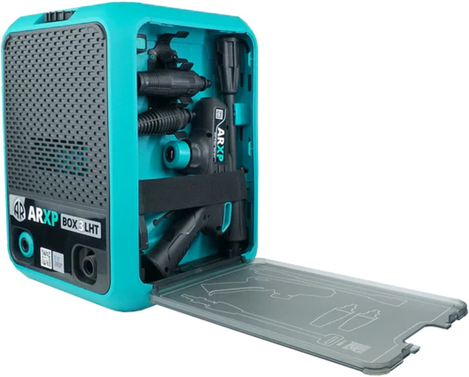 Una custodia ARXP BOX 3 LHT color verde acqua con manico nero, aperta per mostrare gli strumenti all'interno.