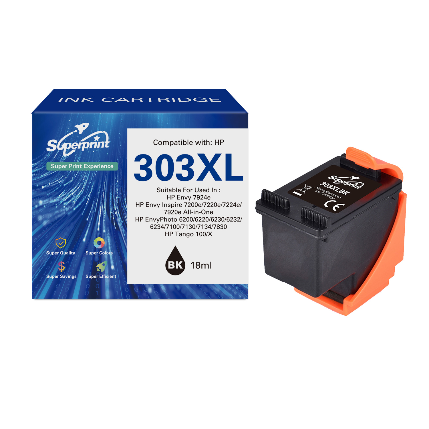 Une boîte avec une cartouche d'encre noire et orange, étiquetée '303XL' et '18ml'.