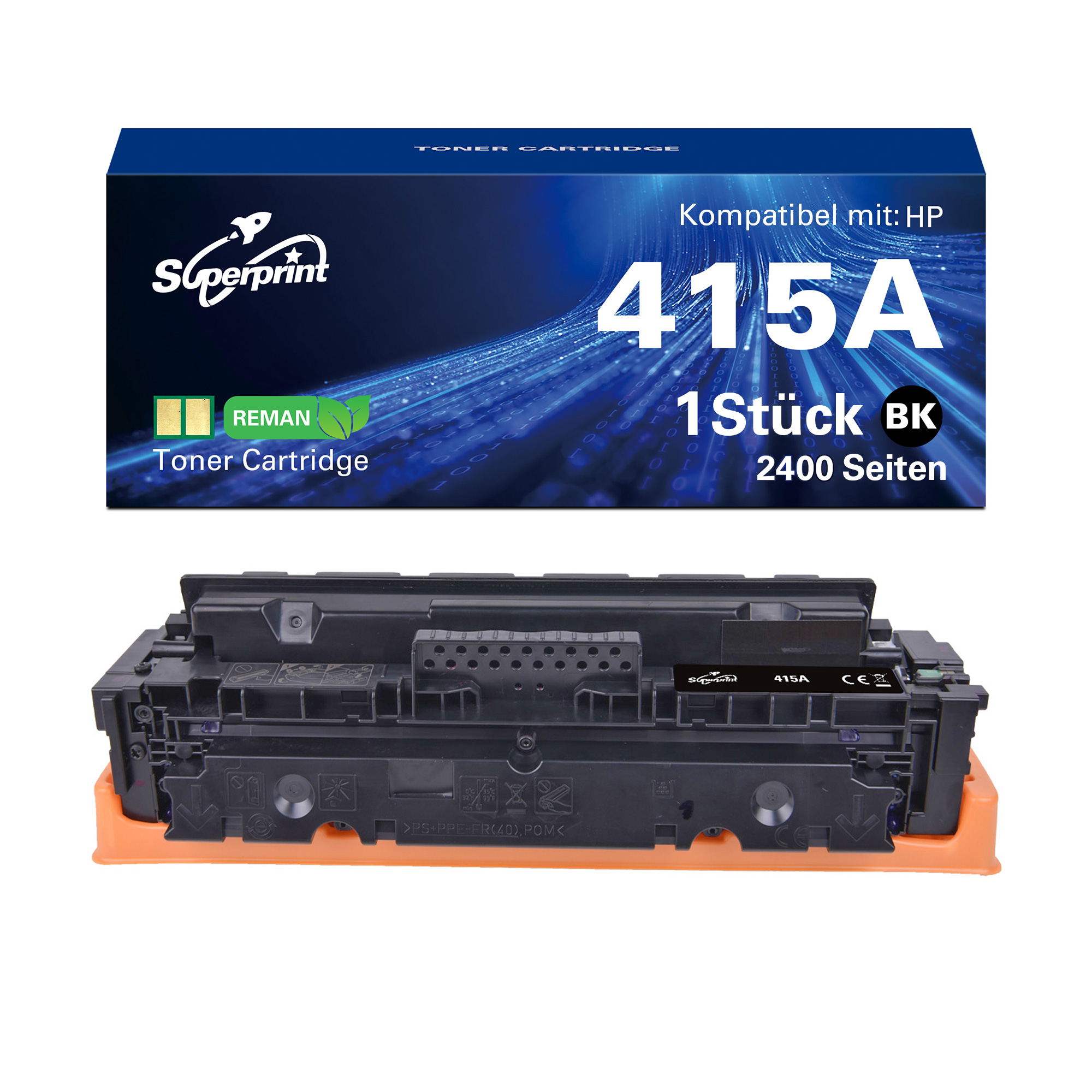 Une cartouche de toner noire dans une boîte, étiquetée '415A' et '1 Stück BK'.