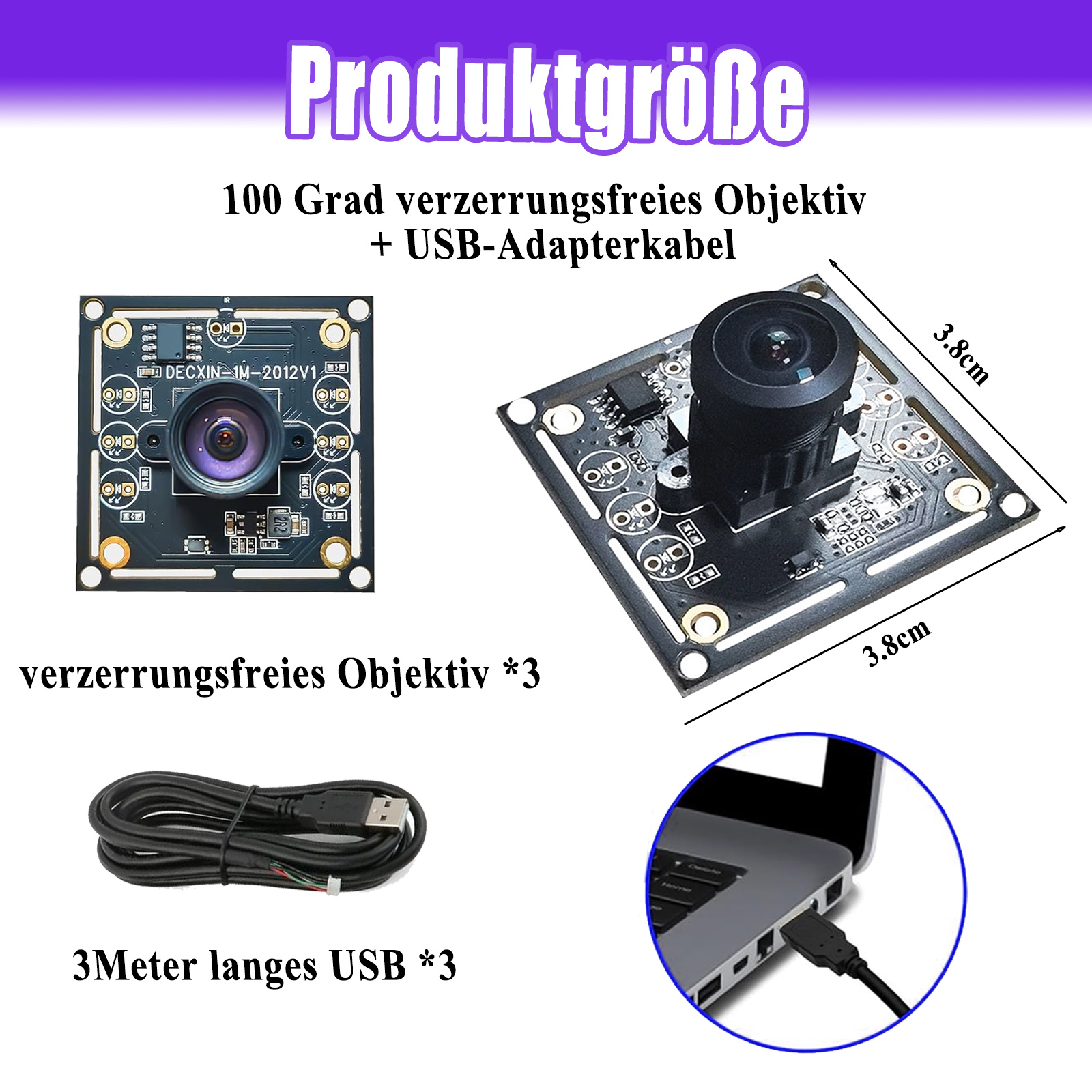 Kameras mit Objektiv, drei USB-Kabel und dreidimensionaler Text auf weißem Hintergrund.
