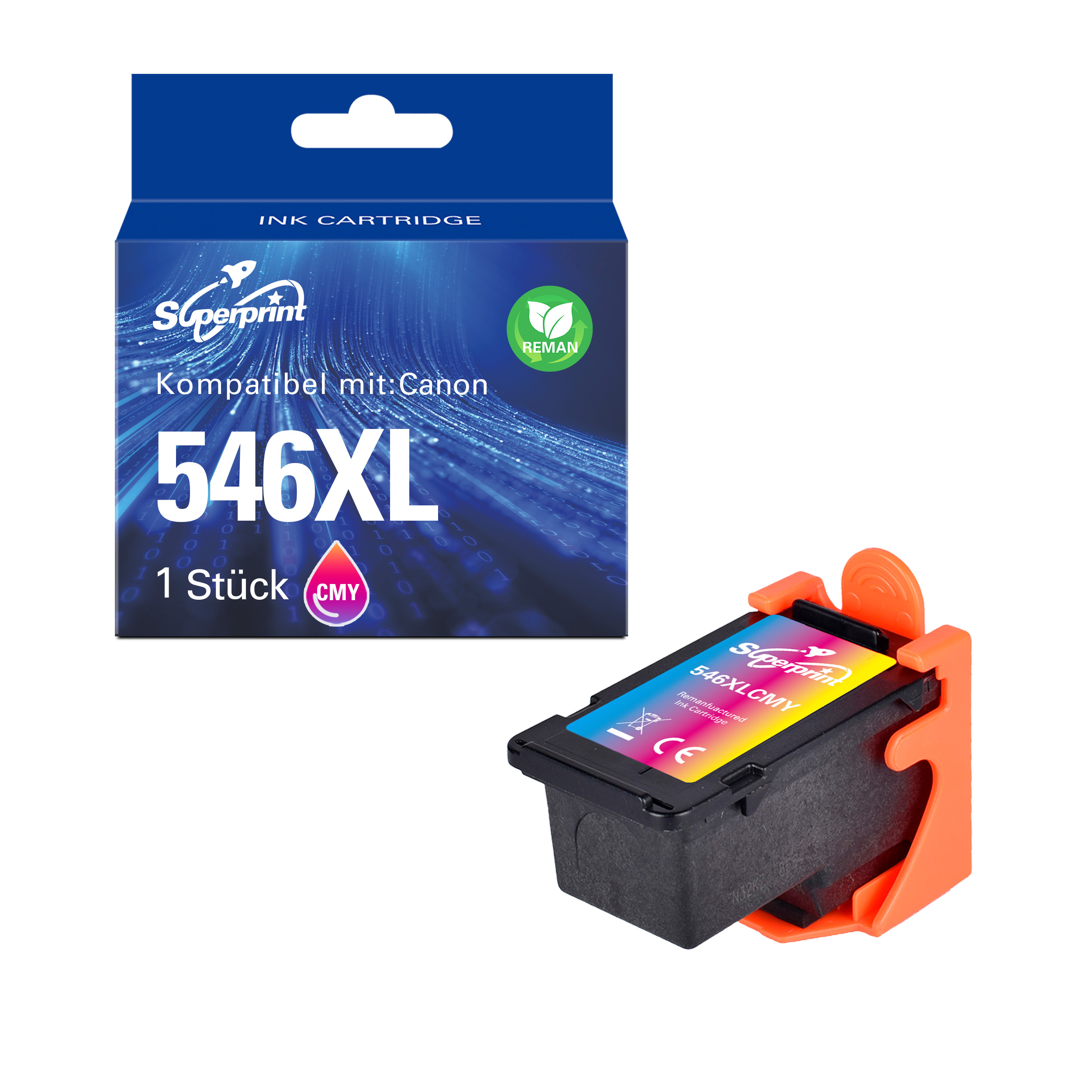 Inktcartridge doos en cartridge. De doos is blauw met witte tekst. De cartridge is zwart, vastgehouden door oranje.
