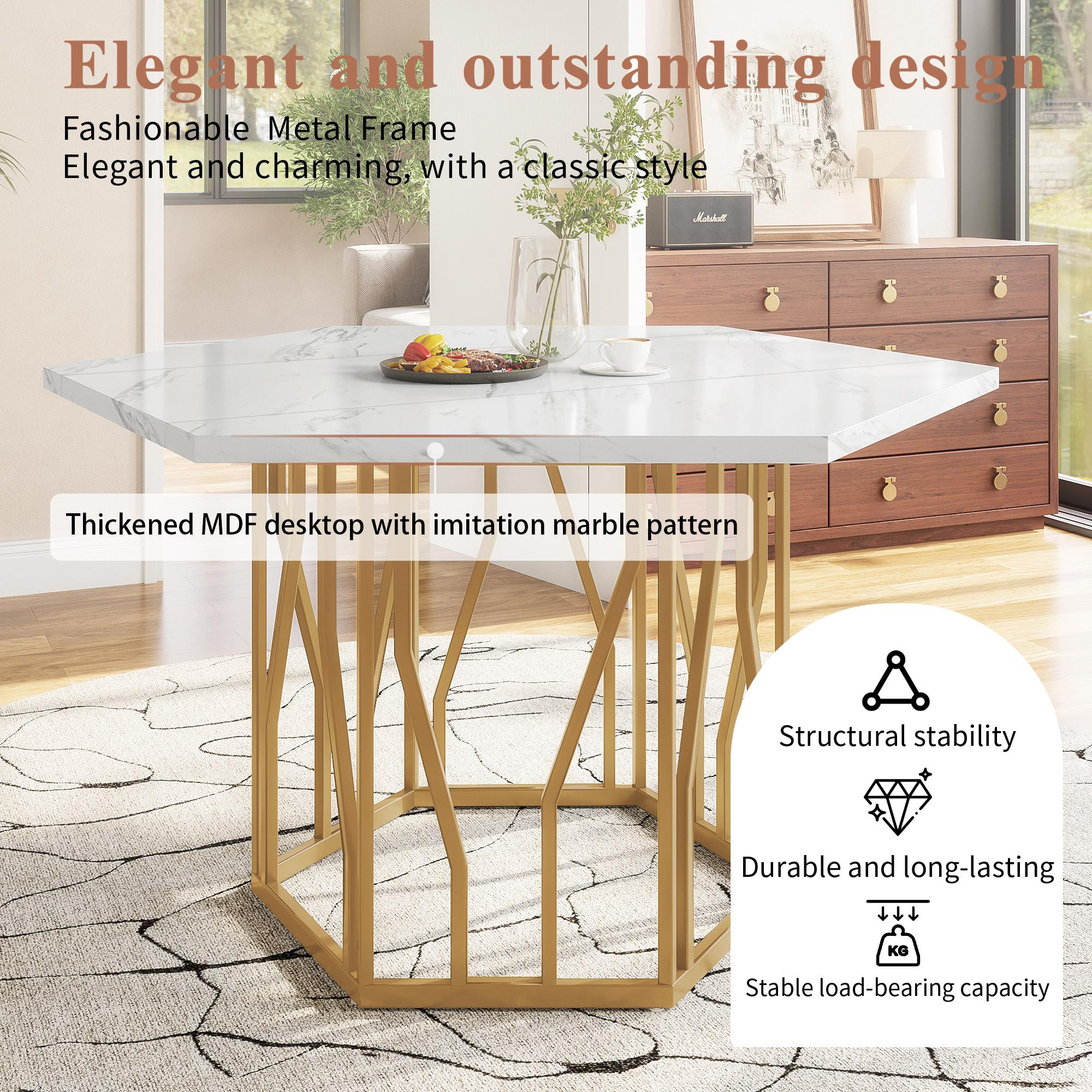 Weißer und goldener sechseckiger Tisch mit marmorähnlicher Oberfläche, mit Text über Design und Stabilität.