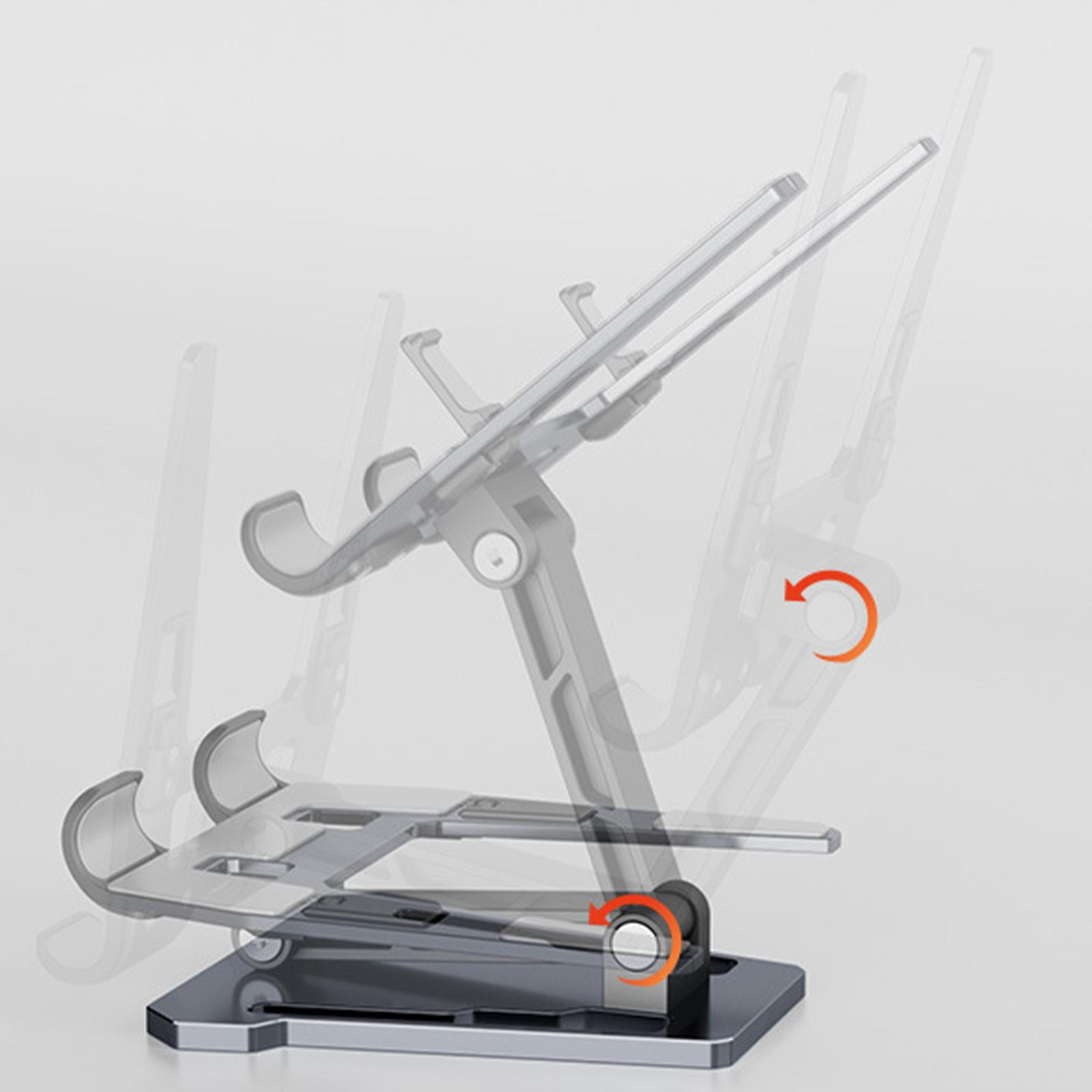 Ein Tablethalter in Grau, in mehreren Positionen mit Drehrichtungspfeilen gezeigt.